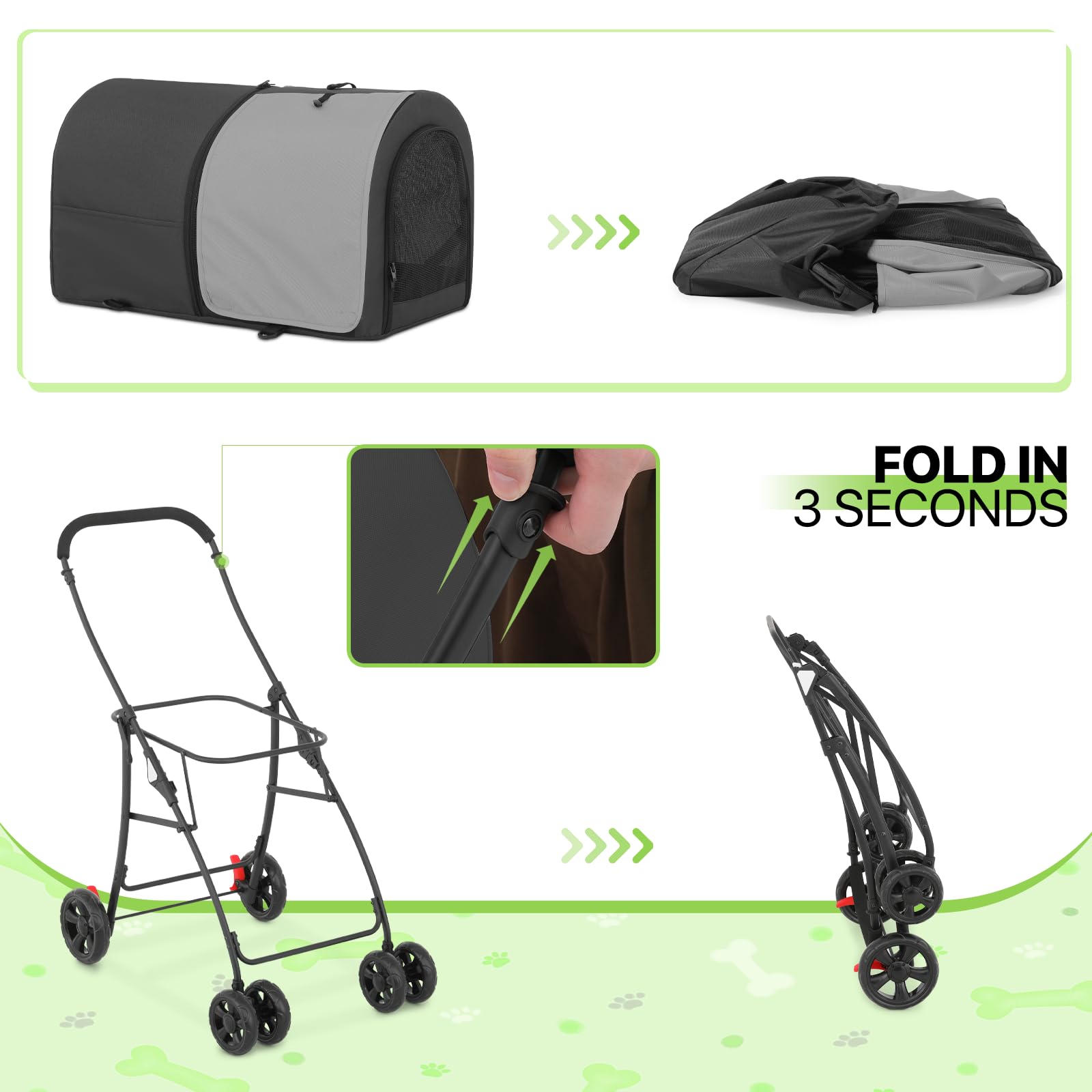 **Magshion Double Dog Stroller with 2 Detachable Carrier Bags - 4-Wheel Folding Pet Travel Cart for Small & Medium Dogs & Cats - Includes Storage Pocket - Black/Gray - Perfect for Park Walks, Vet Visits & Shopping Trips**