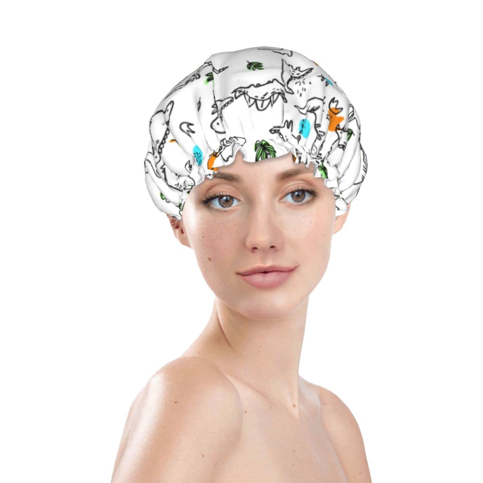 Dinosaur Print Reusable Waterproof Shower Cap for Women - Double Layer Bath Hair Protector for Swimming, Spa & Salon Use