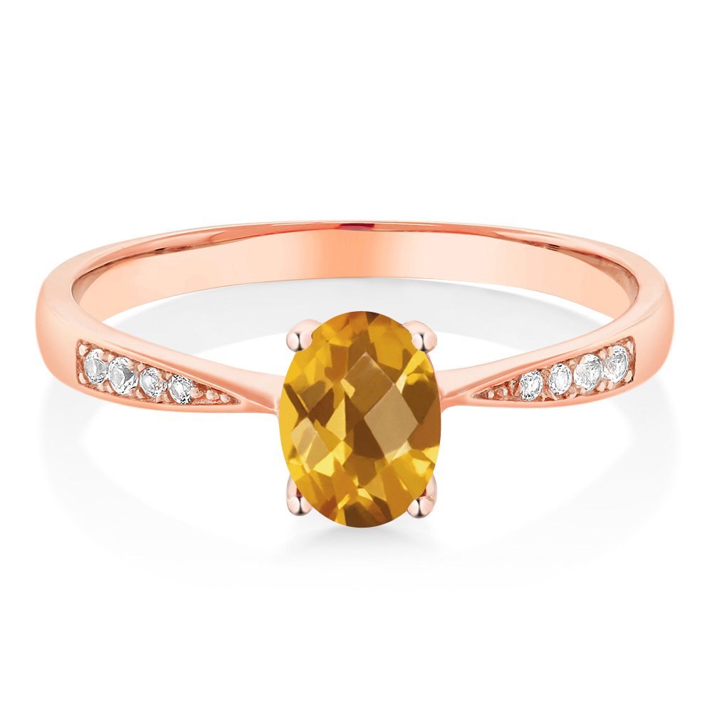 10K Rose Gold Diamond Ring with 0.76 Ct Checkerboard Yellow Citrine - Gem Stone King | Elegant Wedding, Engagement & Anniversary Jewelry Gift for Women