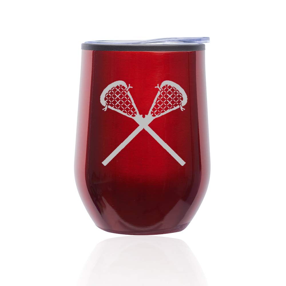 Stemless Wine Tumbler with Lid - 16oz Insulated Coffee Travel Mug Glass - Perfect for Hot/Cold Drinks - Lacrosse Design (Red) - Ideal for Picnics, Camping & Office Use