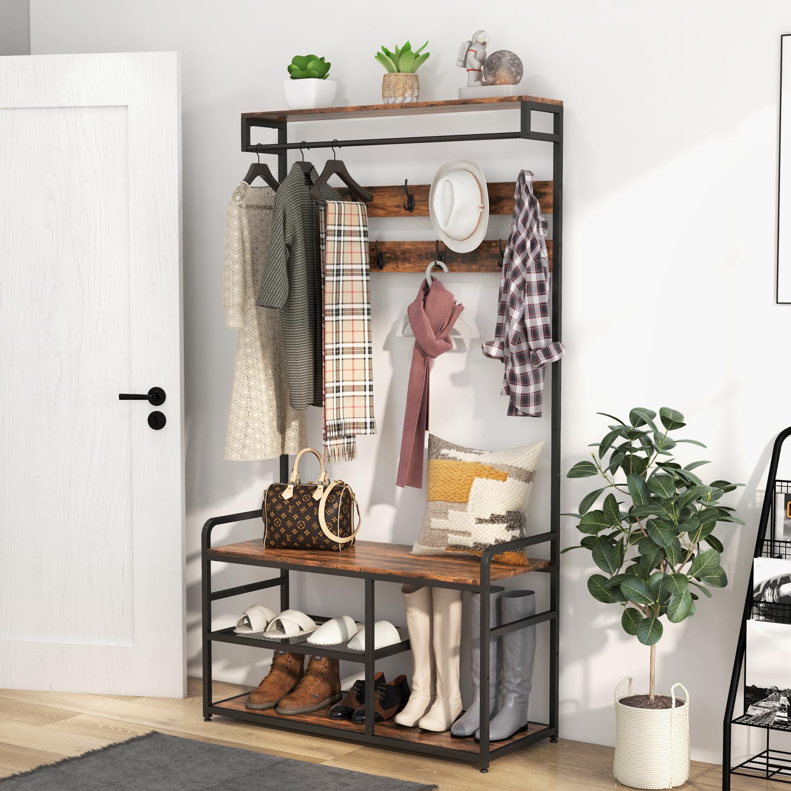 Industrial Hall Tree Coat Rack with 9 Hooks & Storage - Rustic Brown Entryway Organizer for Shoes, Coats & Accessories - Perfect for Mudroom, Foyer or Small Space Entryway Organization