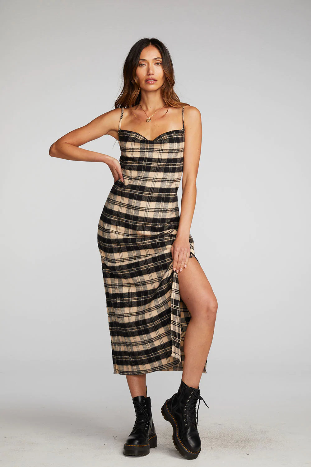 Flannel Midi Slip Dress for Women - Soft & Comfortable Black/Beige Fall Dress - Perfect for Casual Outings, Date Nights & Cozy Loungewear