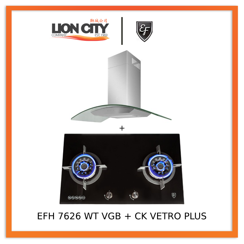EF 90 CM Chimney Cooker Hood CK Vetro Plus & EFH 7626 WT VGB 78 cm 2-Burner Gas Built-in Hob - Stainless Steel Kitchen Range Hood with Powerful Extraction for Home Cooking, Grilling & Stir-Frying