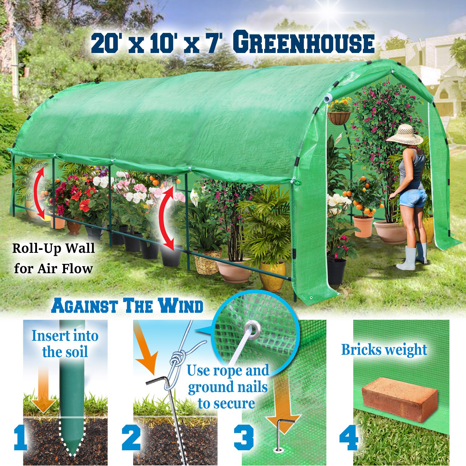 BenefitUSA Large 20'x10'x7' Portable Greenhouse - Heavy Duty Walk-in Outdoor Plant Gardening Hot House with ABS Snap Clamps | Perfect for Backyard Gardening, Seed Starting & Year-Round Plant Protection
