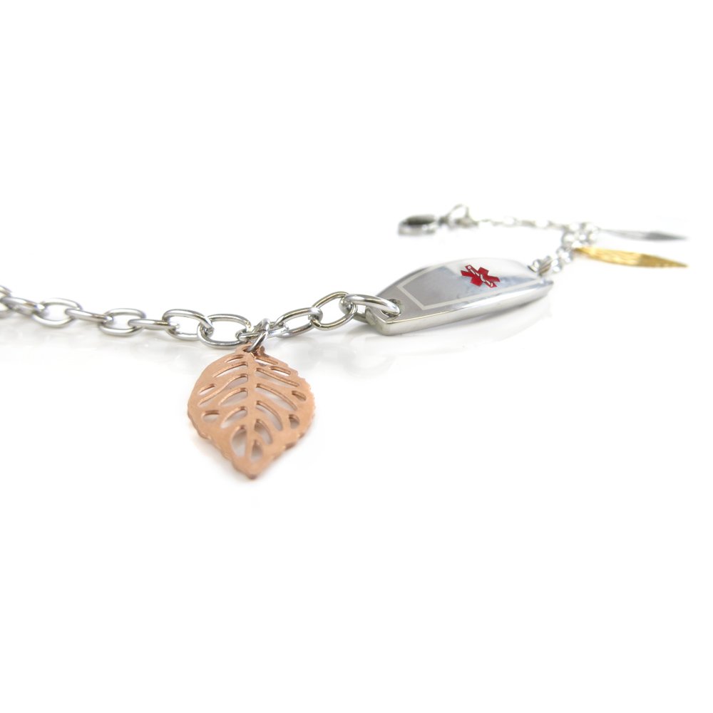 Custom Engraved Medical Alert Bracelet for Women - Stainless Steel Leaf Design with Free Wallet Card - Perfect for Allergies, Diabetes & Emergency ID