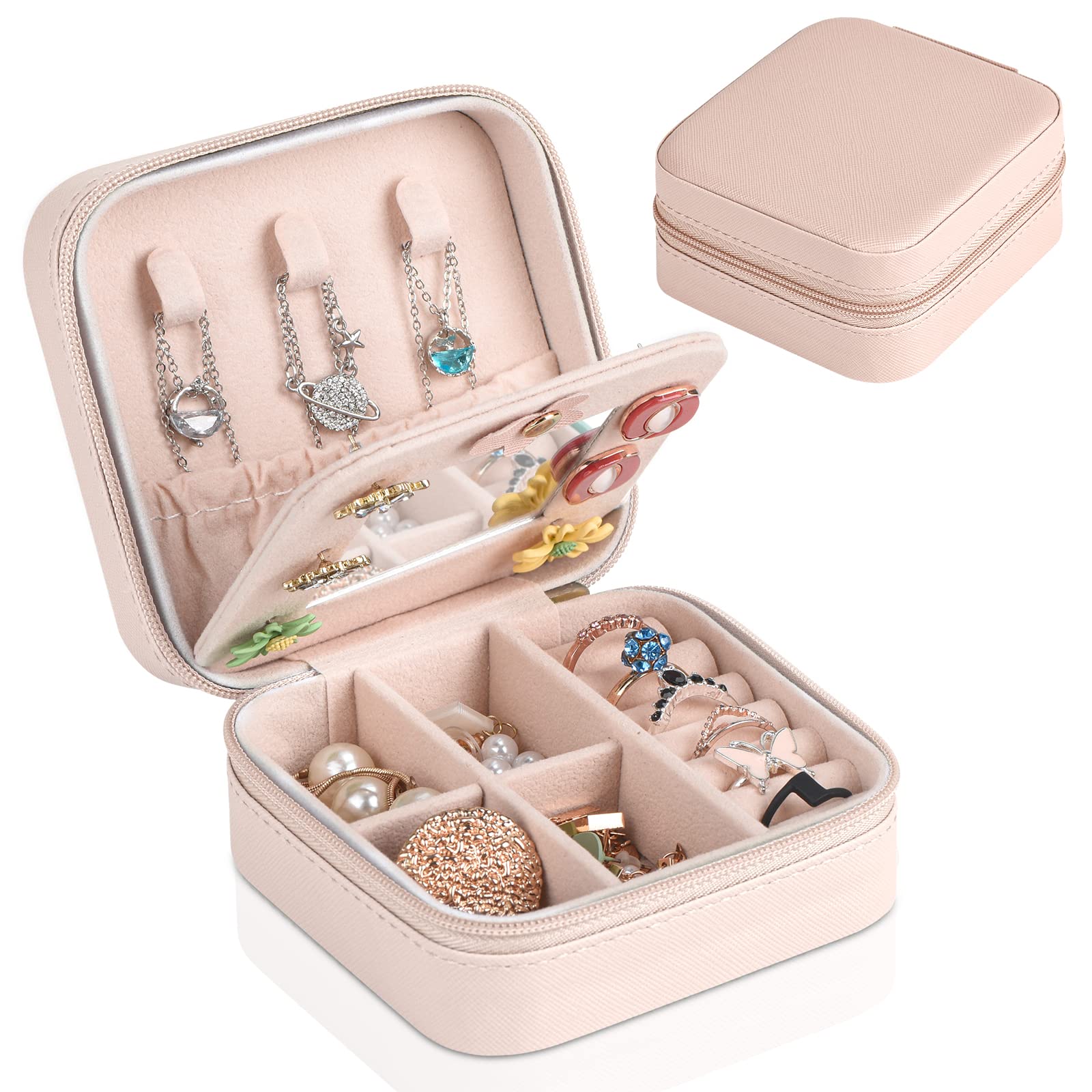 Portable PU Leather Jewelry Organizer for Women - Travel Jewelry Case with Mirror for Rings, Necklaces & Earrings - Perfect for Trips & Gifting