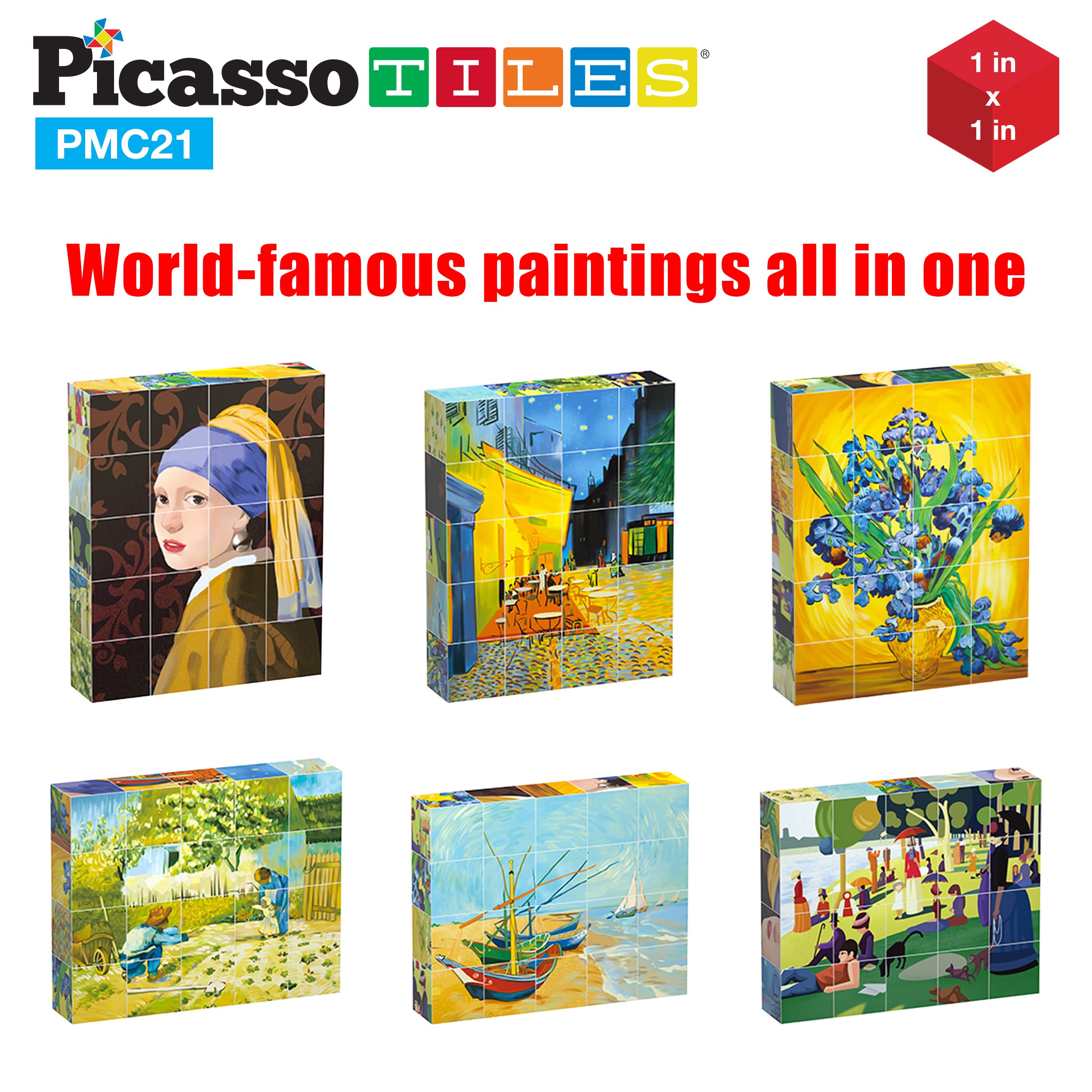 PicassoTiles 400pcs Magnetic Puzzle Cube Set - World Famous Art Paintings with Free Frame & Ideabook - STEM Educational Toy for Kids & Adults - Creative Brain Teaser for Home Decor, Classroom & Gift Giving