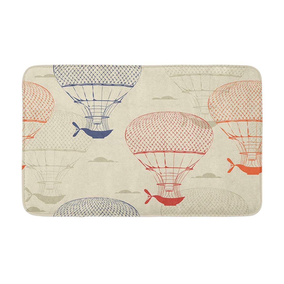 Adowyee Non-Slip Bath Mat - Vintage Balloon Travel Pattern in Beige & Blue - 16x24 Inch Cozy Bathroom Rug for Home Decor - Perfect for Guest Bathrooms & Kids' Rooms