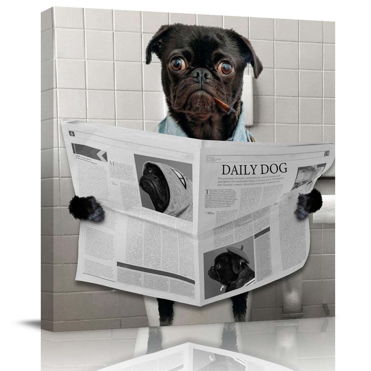 Funny Pug Reading Newspaper in Toilet Canvas Wall Art - 24x24 Inch Framed Bathroom Decor, Ready to Hang for Kitchen & Bedroom - Perfect for Humor Lovers & Pet-Themed Home Decor
