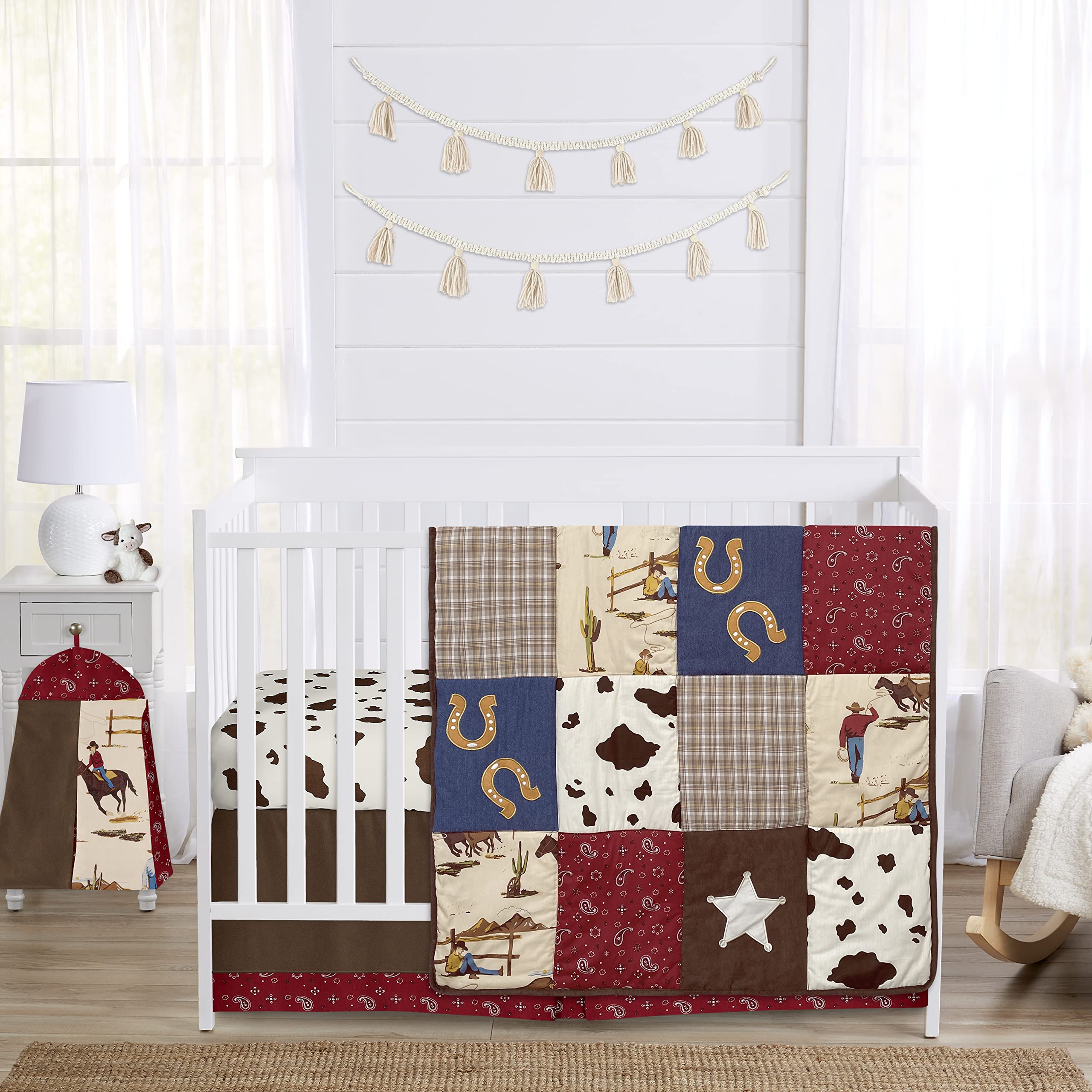 Sweet Jojo Designs Western Cowboy Baby Crib Bedding Set - 5pc Nursery Set with Quilt, Fitted Sheet, Skirt & Diaper Stacker - Tan Brown & Red Southern Country Theme - Perfect for Wild West Nursery Decor & Cowboy-Themed Baby Showers