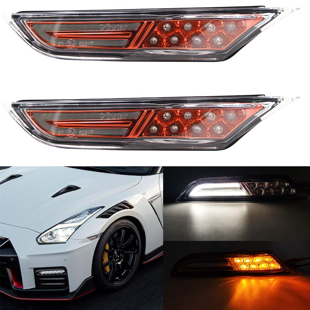 2007-2021 Nissan GT-R GTR R35 LED Front Side Marker Lamps - Clear/Red Lens with Amber LED Turn Signal & White DRL Lightbar - OEM Replacement for Enhanced Visibility & Style (Perfect for Night Driving & Car Customization)