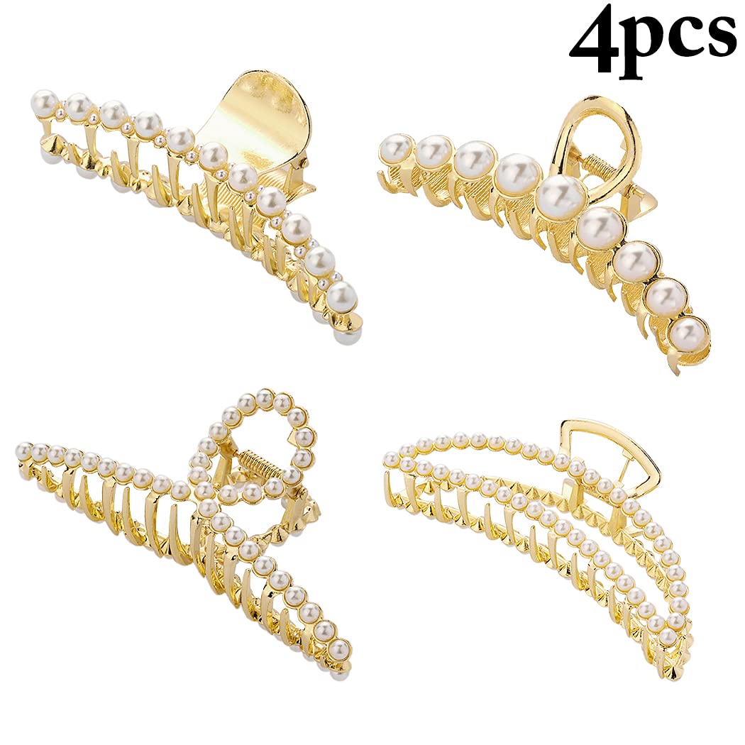 SOWUNO 4PCS Metal Hair Claw Clips with Fake Pearls - Elegant Non-Slip Barrettes for Women with Thick Hair - Perfect for Updos, Ponytails and Everyday Hairstyles