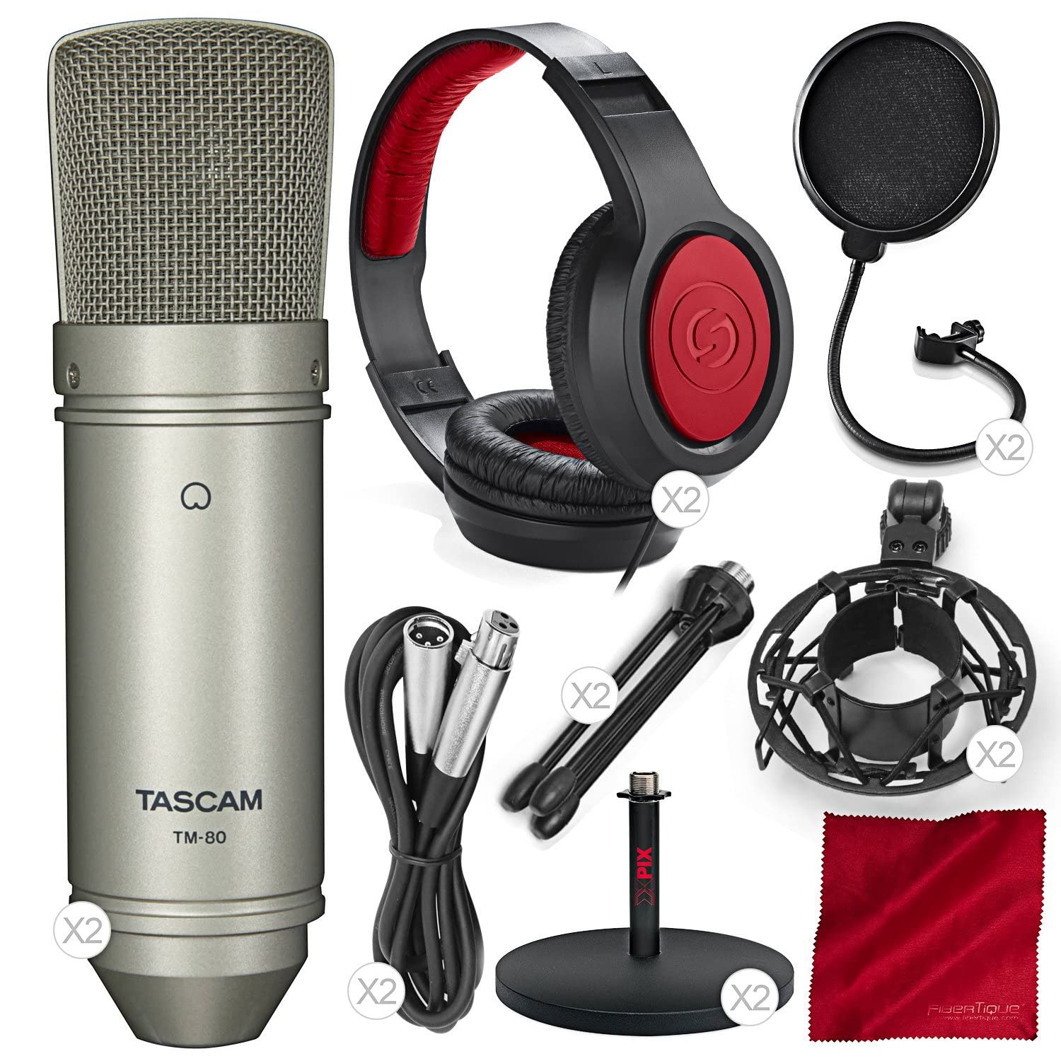 Tascam TM-80 Professional Studio Condenser Microphone Bundle - 2 Large Diaphragm Mics, Headphones, Stands & Pop Filters for Podcasting, Voice Over & Music Recording - Perfect for Home Studios & Content Creators