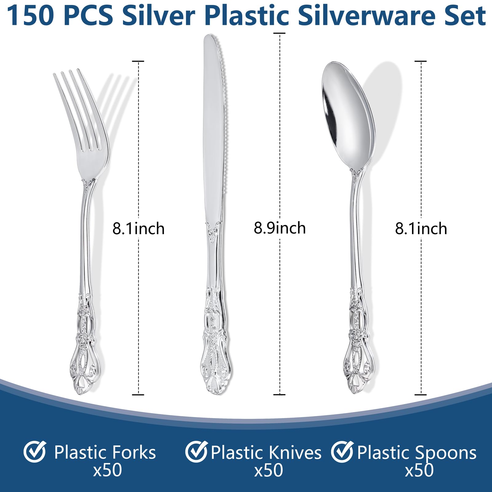 150-Piece Heavy Duty Silver Plastic Cutlery Set - Disposable Silverware Kit with 50 Forks, 50 Spoons & 50 Knives - Elegant Plastic Utensils for Catering, Parties, Weddings, Picnics & Outdoor Events