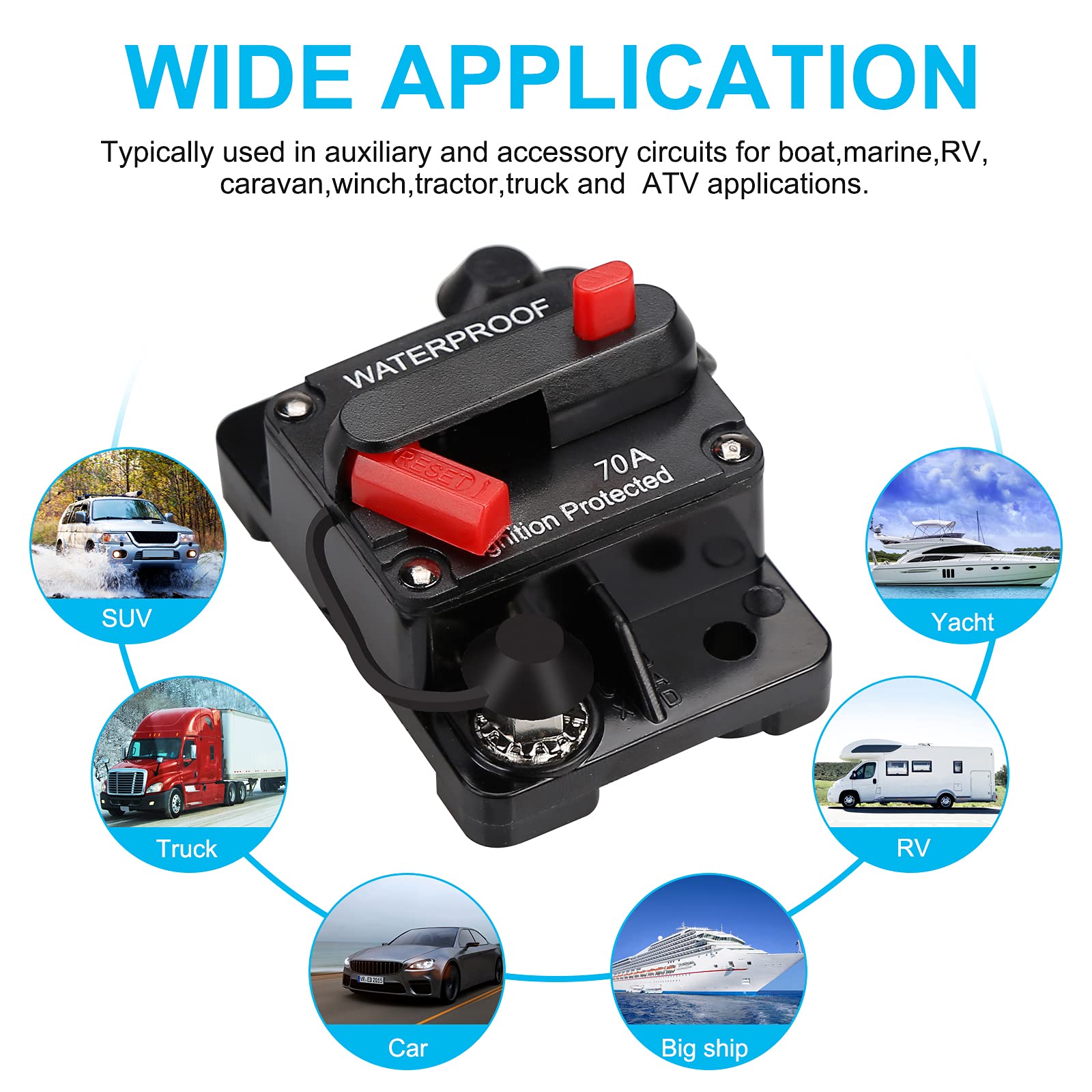 Waterproof Circuit Breaker with Manual Reset, 12V-48V DC 30A-300A, Fuse Holder for Automotive Marine Boat Audio System - Overload Protection for Car, RV, Truck & Power Equipment