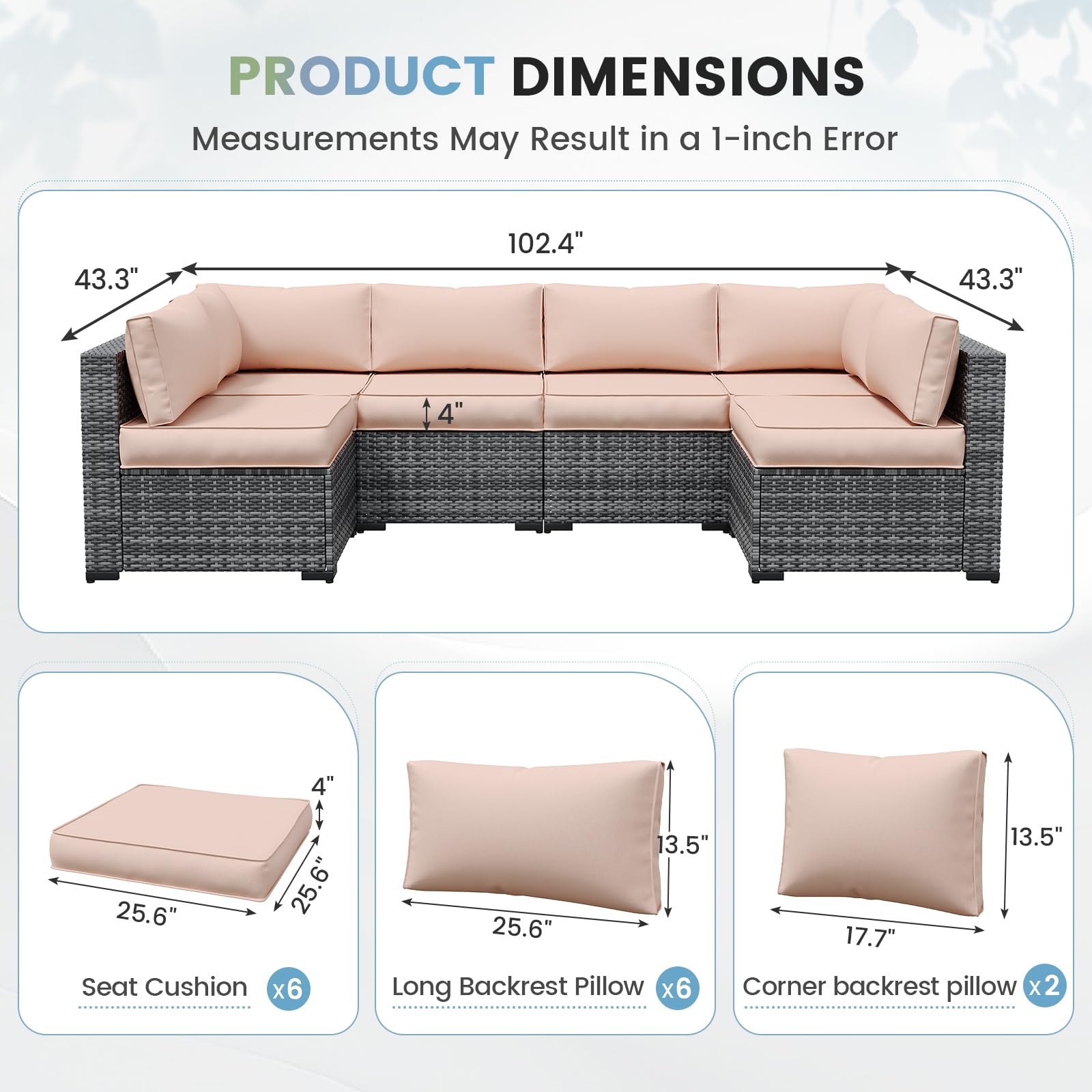 **UDPATIO Water-Resistant Outdoor Replacement Cushions for 6-Seat Sectional Patio Furniture – 14-Piece Beige Couch Cushions – Perfect for Backyard, Poolside & Garden Relaxation**