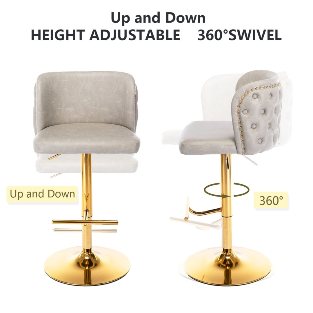 Premium Swivel Bar Stools with Golden Base - Genuine Leather Upholstery in Beige for Kitchen Island, Home Bar & Dining Room Decor