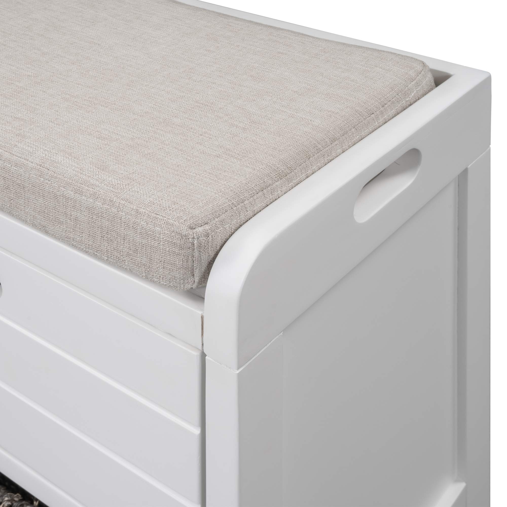 Wooden Storage Bench with 2 Drawers & Removable Basket - Fully Assembled Entryway Bench with Cushion - Wicker Shoe Bench for Hallway, Living Room, Bedroom (White) - Perfect for Entryway Organization & Shoe Storage
