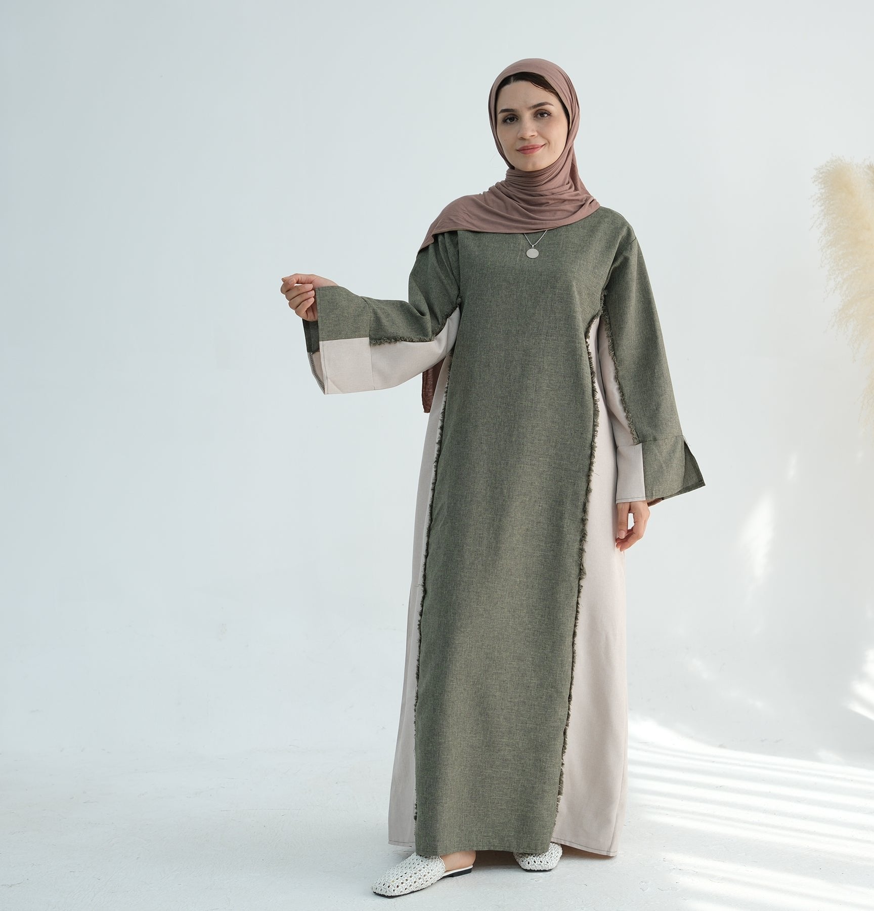 Blair Fringe Abaya Dress for Women - Elegant Long Sleeve Maxi Dress with Embroidery Details in Sage Green - Perfect for Eid, Ramadan, Mosque, and Special Occasions