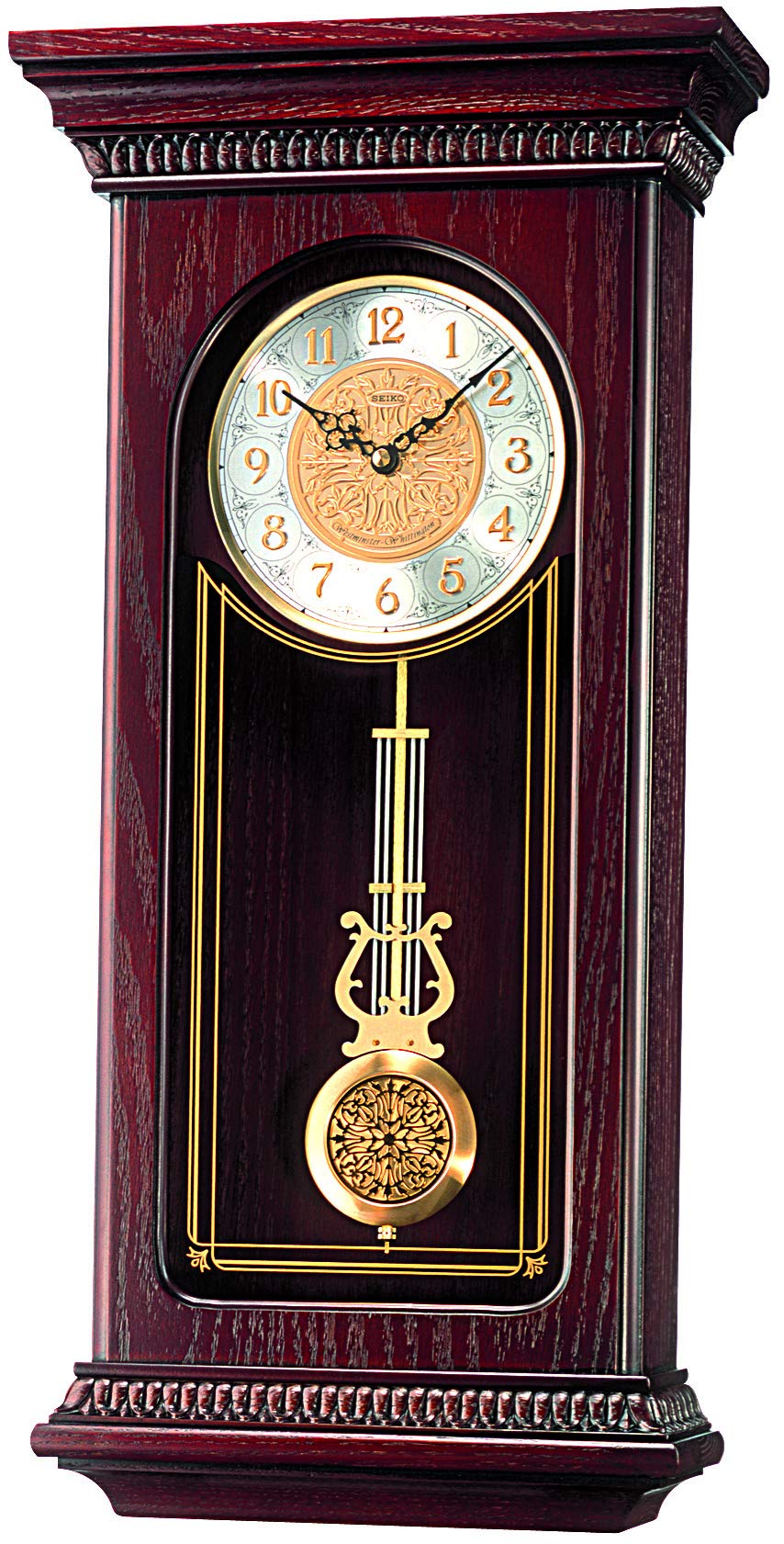 Seiko Mahogany Wall Clock with Pendulum & Westminster Chime - Elegant Wooden Grandfather Clock for Living Room, Office & Home Decor