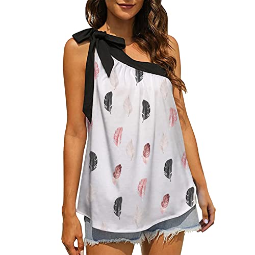 Women's One Shoulder Bow Tie Sleeveless Blouse - Summer Casual Printed Top for Juniors (White, S) | Perfect for Beach Outings, Date Nights & Summer Parties