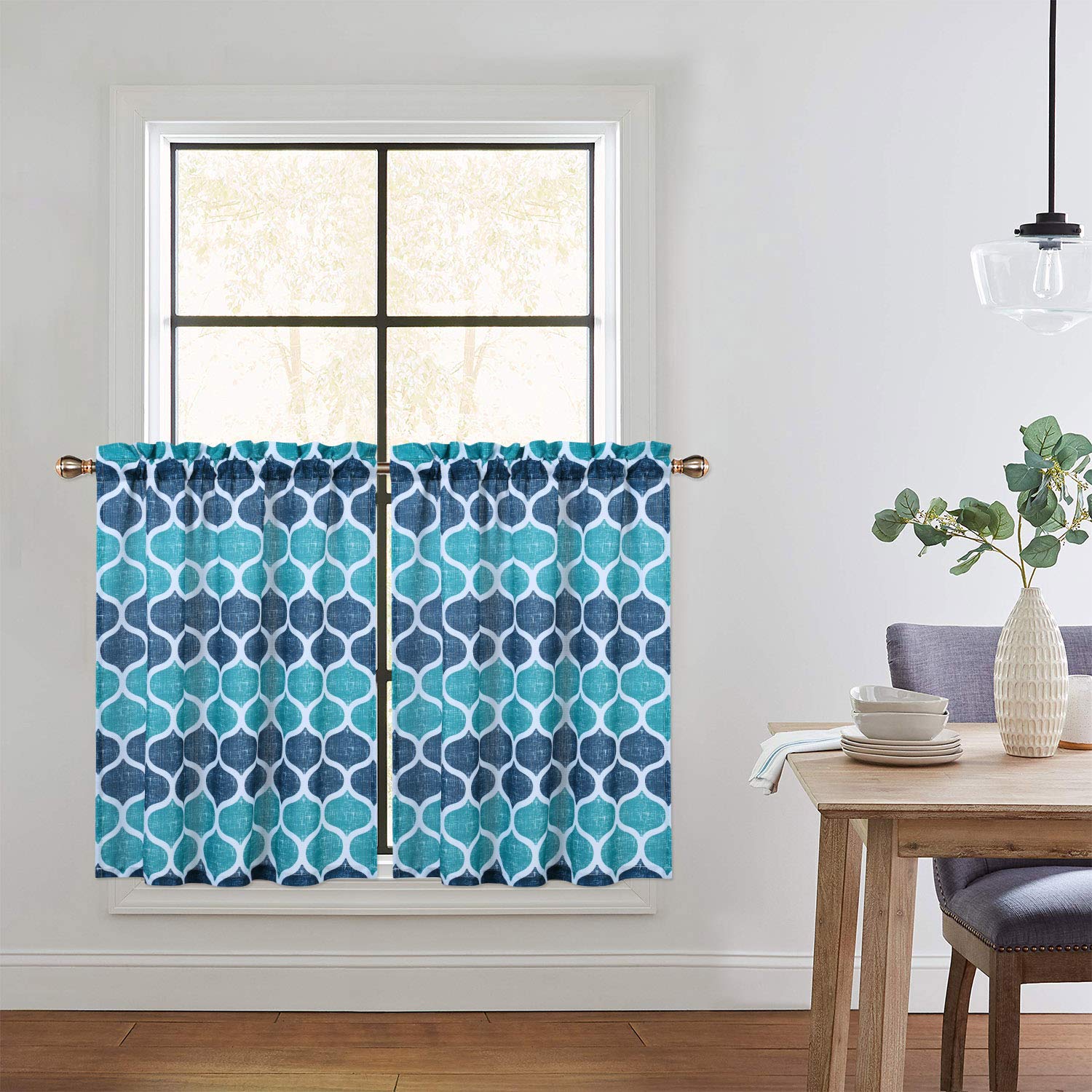 CAROMIO 36 Inch Geometric Printed Cafe Curtains for Kitchen & Bathroom - Navy/Teal Half Window Tier Curtains | Perfect for Small Windows, French Doors & Cozy Home Decor