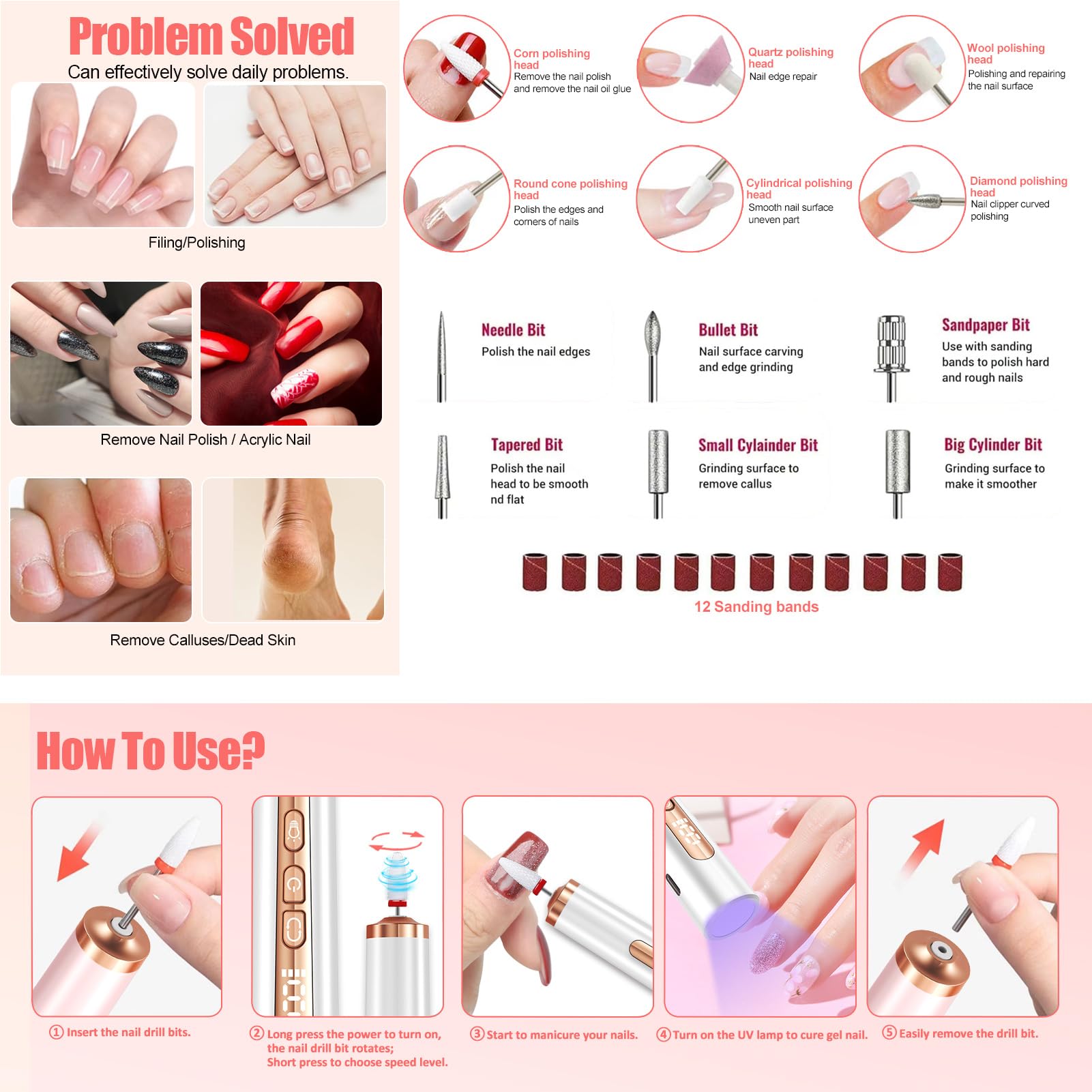 Professional Cordless Electric Nail Drill Kit with UV Light - Rechargeable Portable Nail File for Acrylic, Gel, Manicure & Pedicure - Perfect for Salon & Home Use - DIY Nail Art & Professional Nail Care Solution