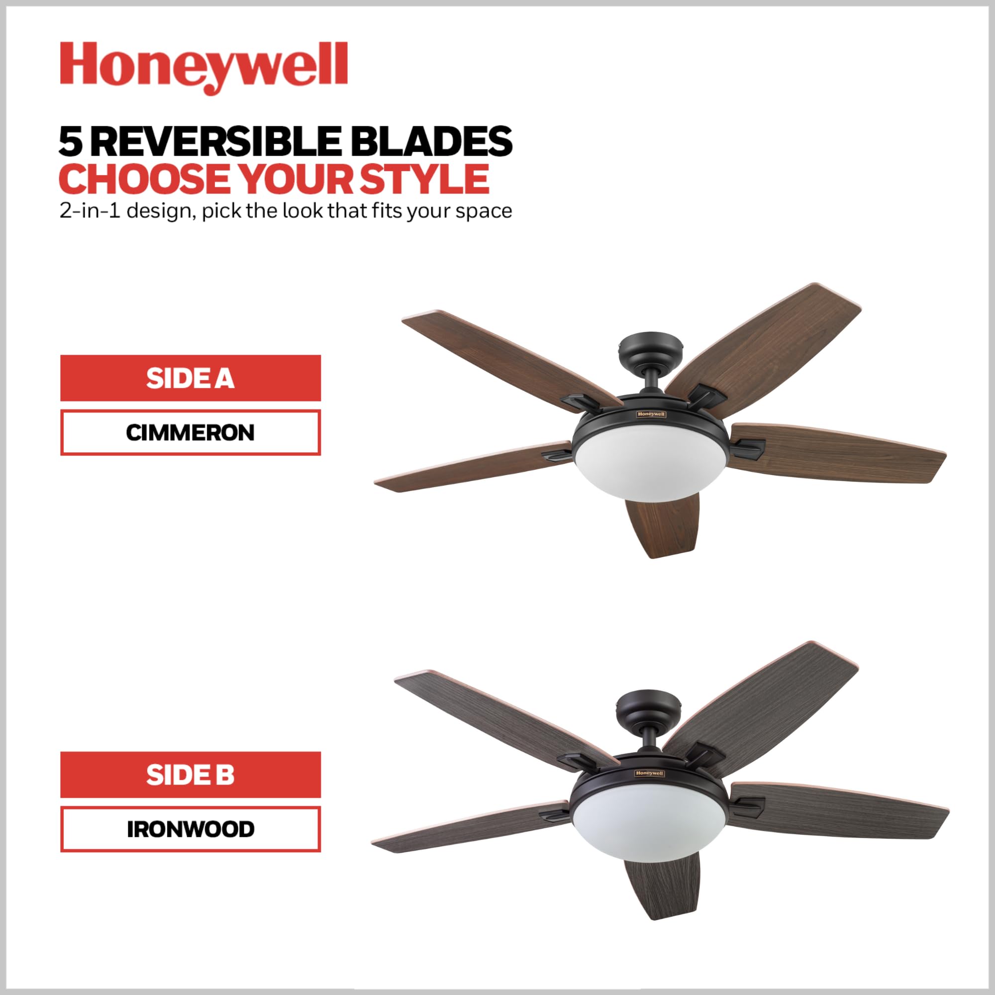 Honeywell Carmel 48 Inch Modern Ceiling Fan with LED Light and Remote Control - 5 Blades, Gray Ironwood/Brown Maple Finish - Bronze (50197-01) - Perfect for Living Room, Bedroom, and Indoor Spaces