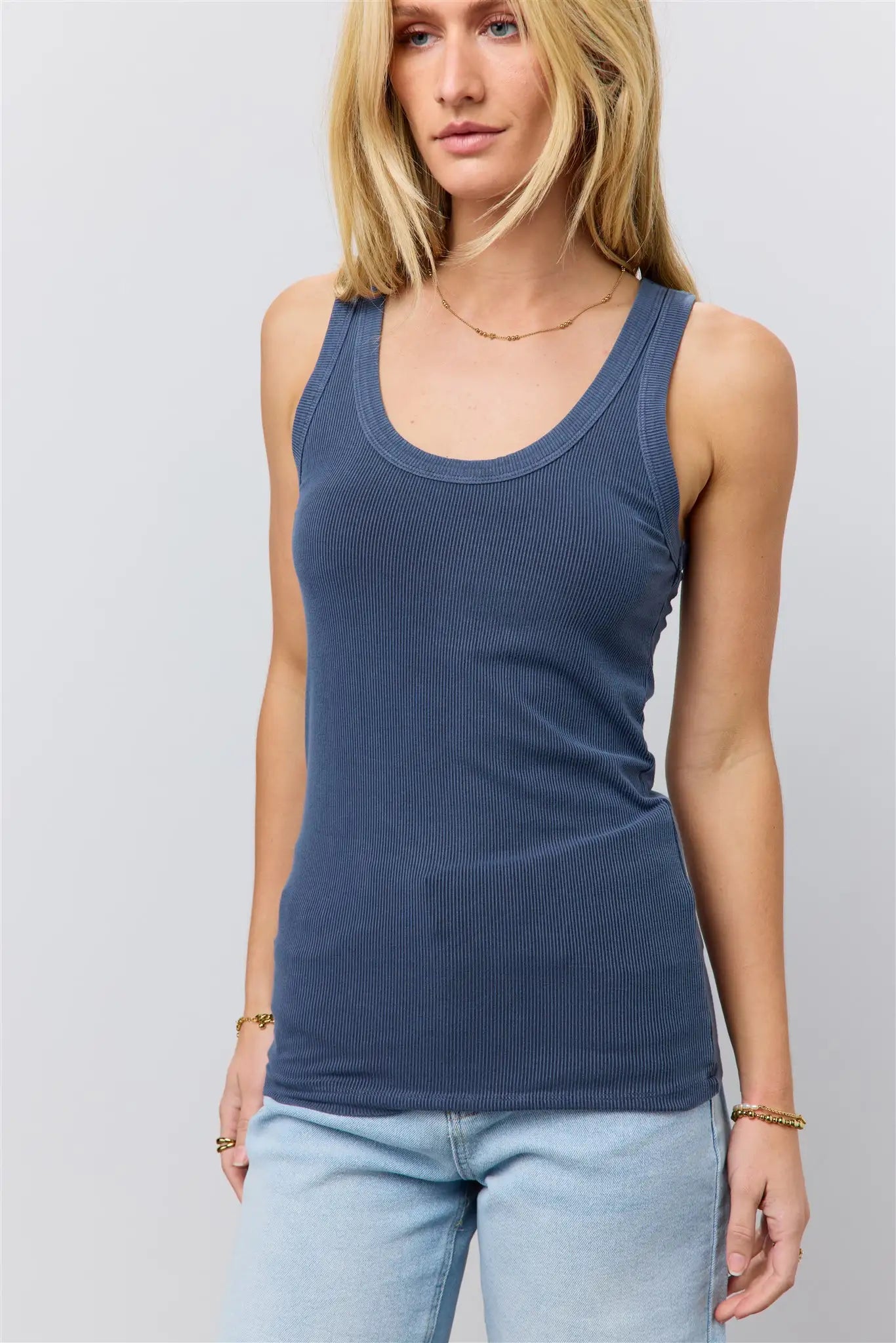 Olivia Ribbed Tank Top for Women - Navy Blue Slim Fit Sleeveless Shirt | Casual Summer Wear, Layering Essential, Gym & Yoga Outfit