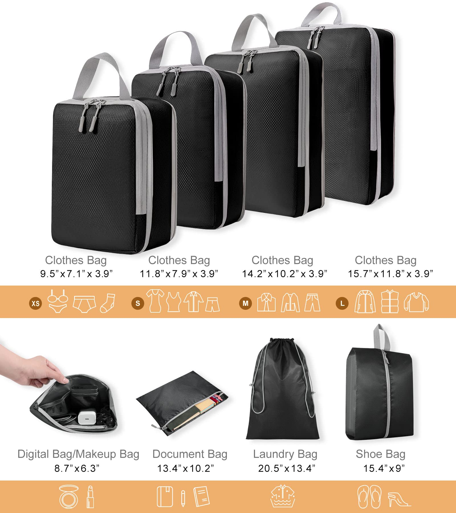 WOOMADA 8-Piece Compression Packing Cubes Set - Expandable Travel Organizer for Suitcases & Luggage (Black) | Perfect for Business Trips, Vacations & Weekend Getaways