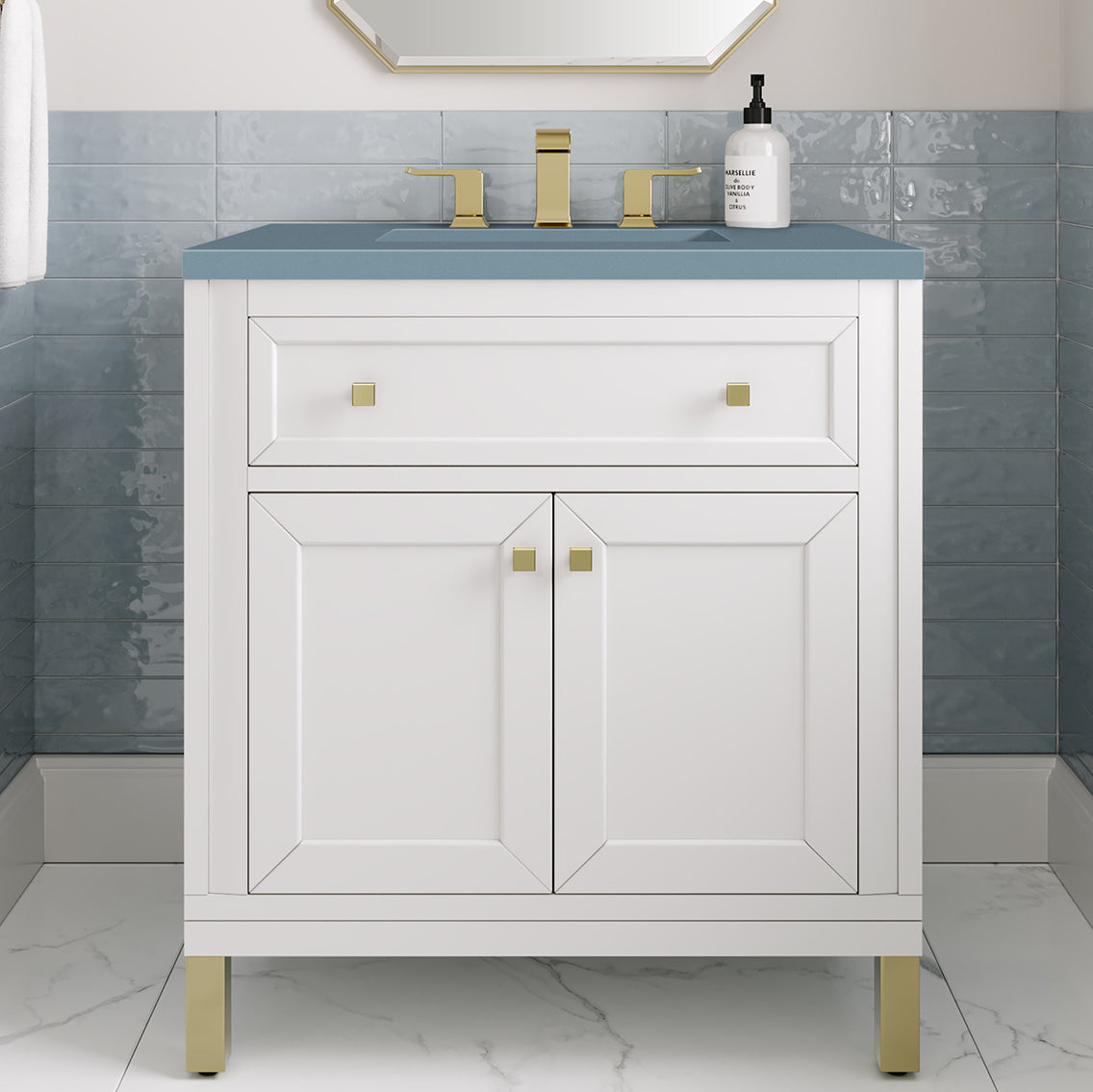 James Martin Vanities Chicago Collection 30-Inch Single Bathroom Vanity in Glossy White with Marble Countertop - Modern Space-Saving Design for Small Bathrooms & Powder Rooms