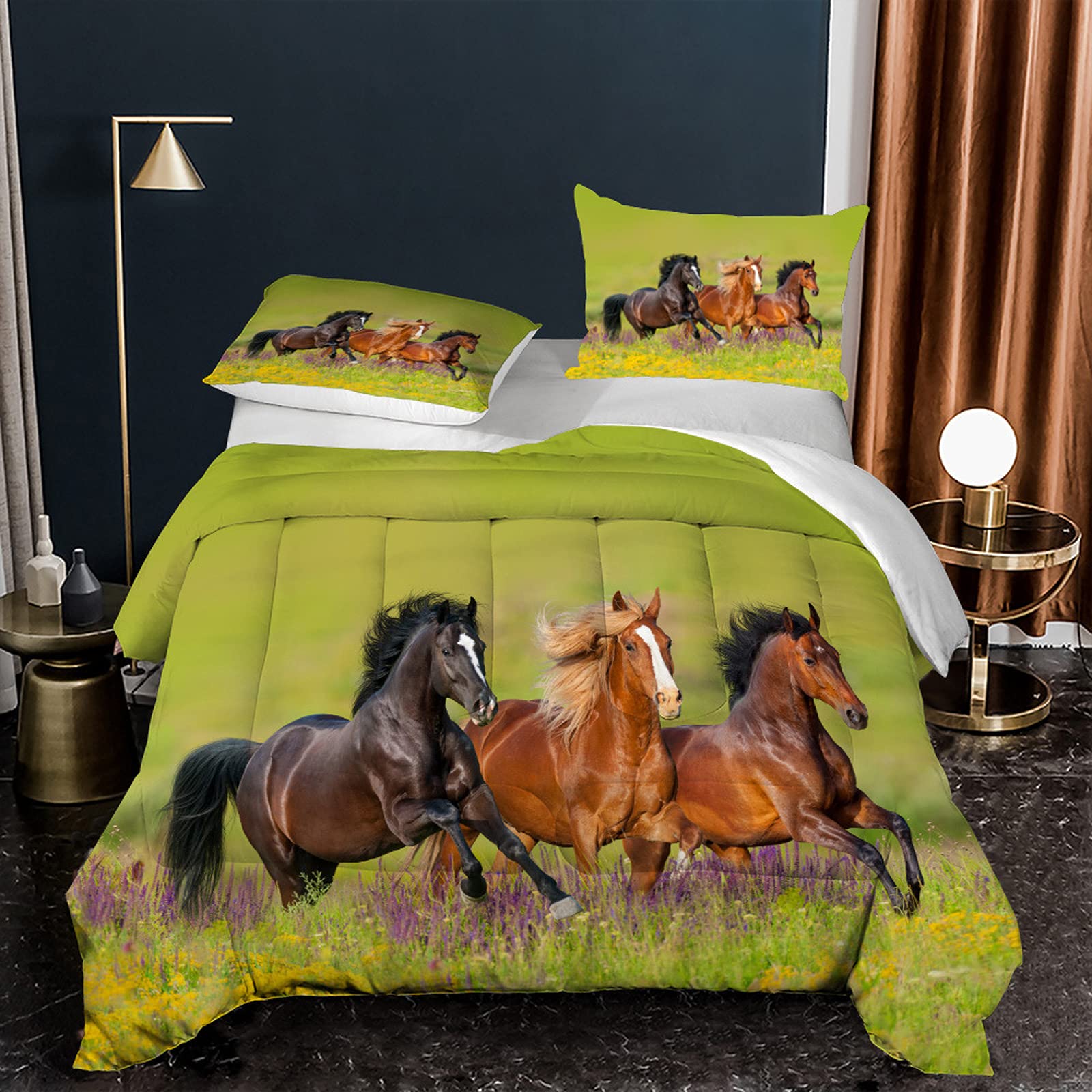 Galloping Wild Horses Full Size Comforter Set - 1 Comforter & 2 Pillow Shams with Green Grass Design | Perfect for Farmhouse, Western, or Nature-Themed Bedrooms