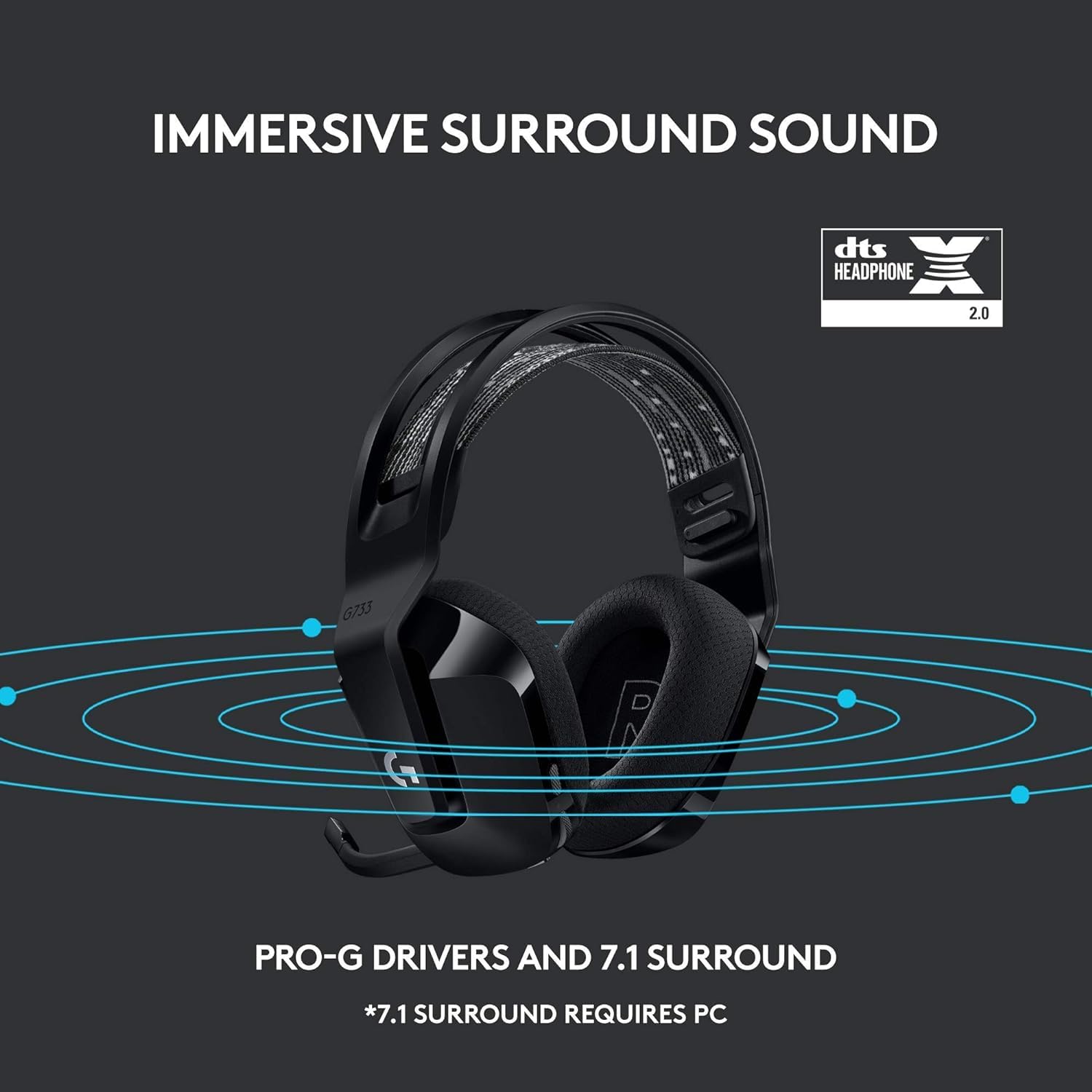 G733 Wireless Gaming Headset with Microphone - Over-Ear Headphones with 7.1 Surround Sound & Noise Cancelling - PRO-G Audio Drivers for PC, PS5, Xbox - Perfect for FPS, Streaming & Online Gaming (Black)