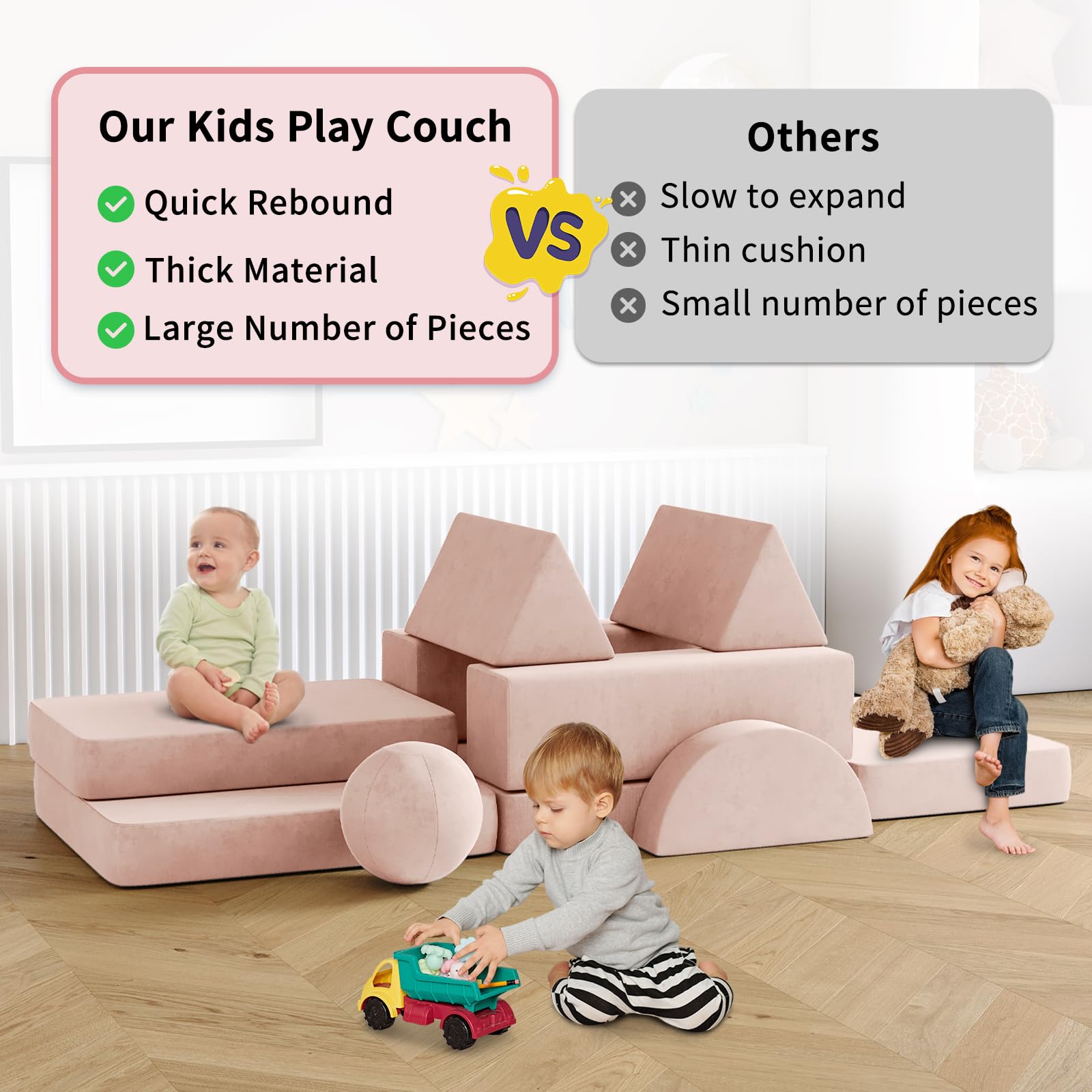 **12PCS Modular Kids Play Couch with 2 Balls & Tunnel – Foldable Toddler Sofa for Playroom, Kickball & Pitching Games – Over 30 Creative Play Ideas – Pink**    *(Perfect for Indoor Playrooms, Birthday Gifts, Daycare Centers & Family Game Nights!)*