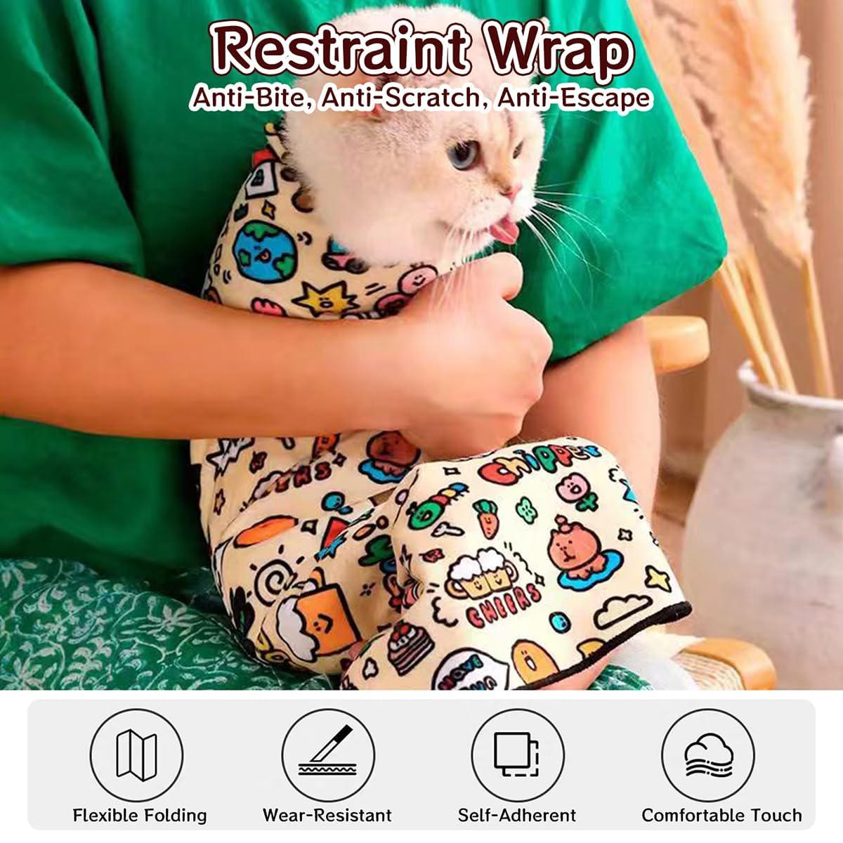 Premium Cat Grooming Wrap with Neck Support - Soft Swaddle Blanket for Safe & Stress-Free Pet Grooming (35x35cm, Rabbit Print, Up to 1.5kg) - Perfect for Nail Trimming, Bathing & Vet Visits
