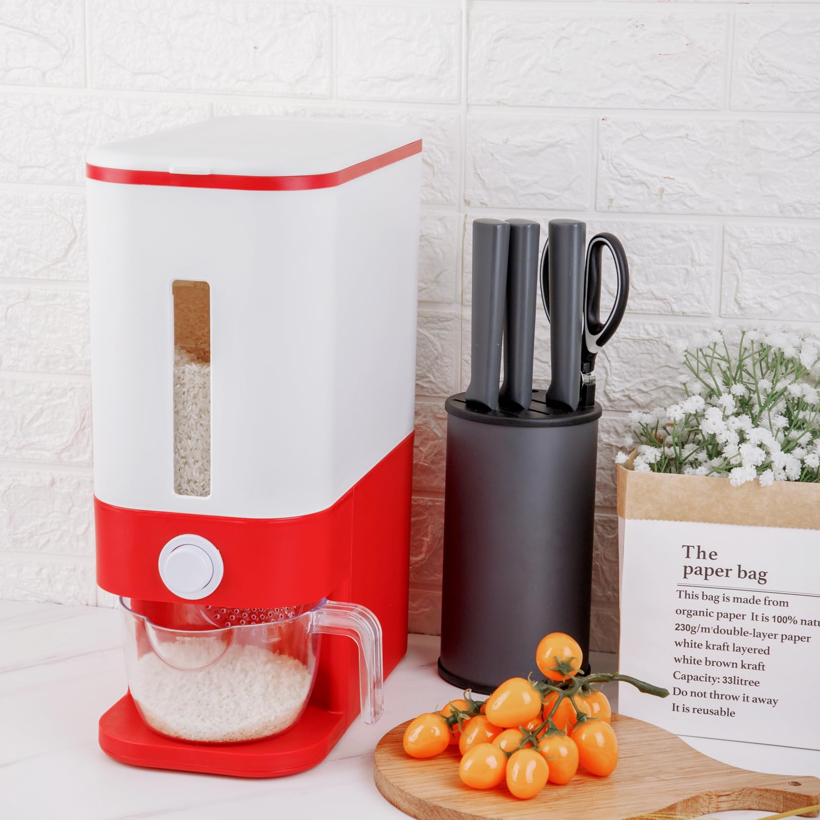 20Lbs Rice Dispenser with Measuring Cup - Large Airtight Dry Food Storage Container for Rice, Cereal, Flour & Pet Food - Moisture Proof Kitchen Organizer for Pantry, Countertop & Holiday Gifting