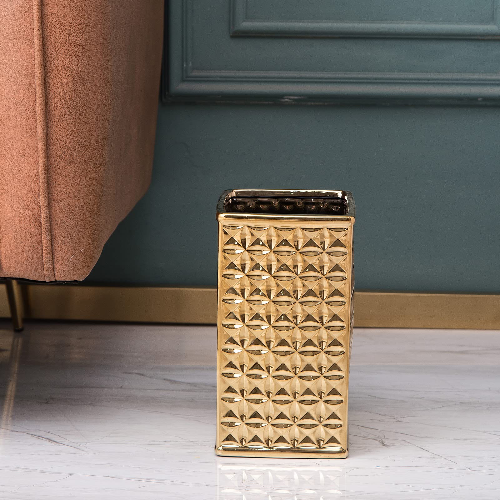 Small Rectangular Ceramic Trash Can - Gold Bathroom & Kitchen Waste Bin for Home & Office | Space-Saving Slim Design for Tight Spaces