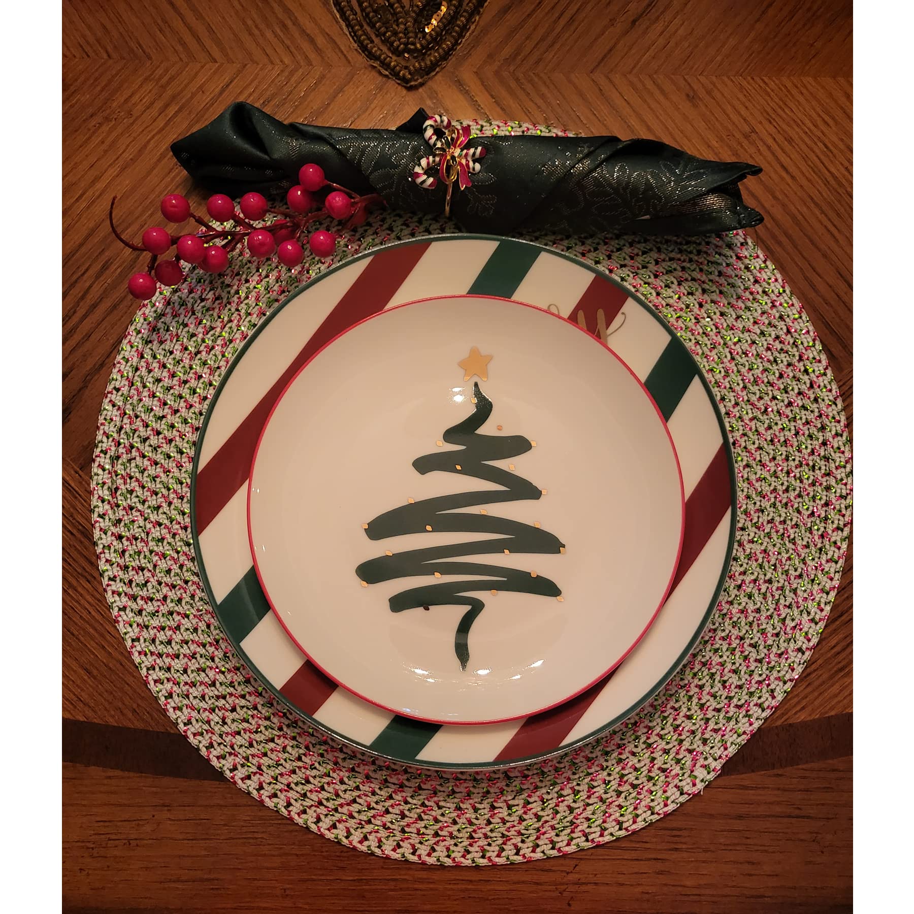 Premium Christmas Bone China Dessert Plates Set of 4 - 8 Inch Elegant Salad Plates, Oven & Dishwasher Safe - Holiday Tree Design for Festive Dining, Party Serving & Special Occasions