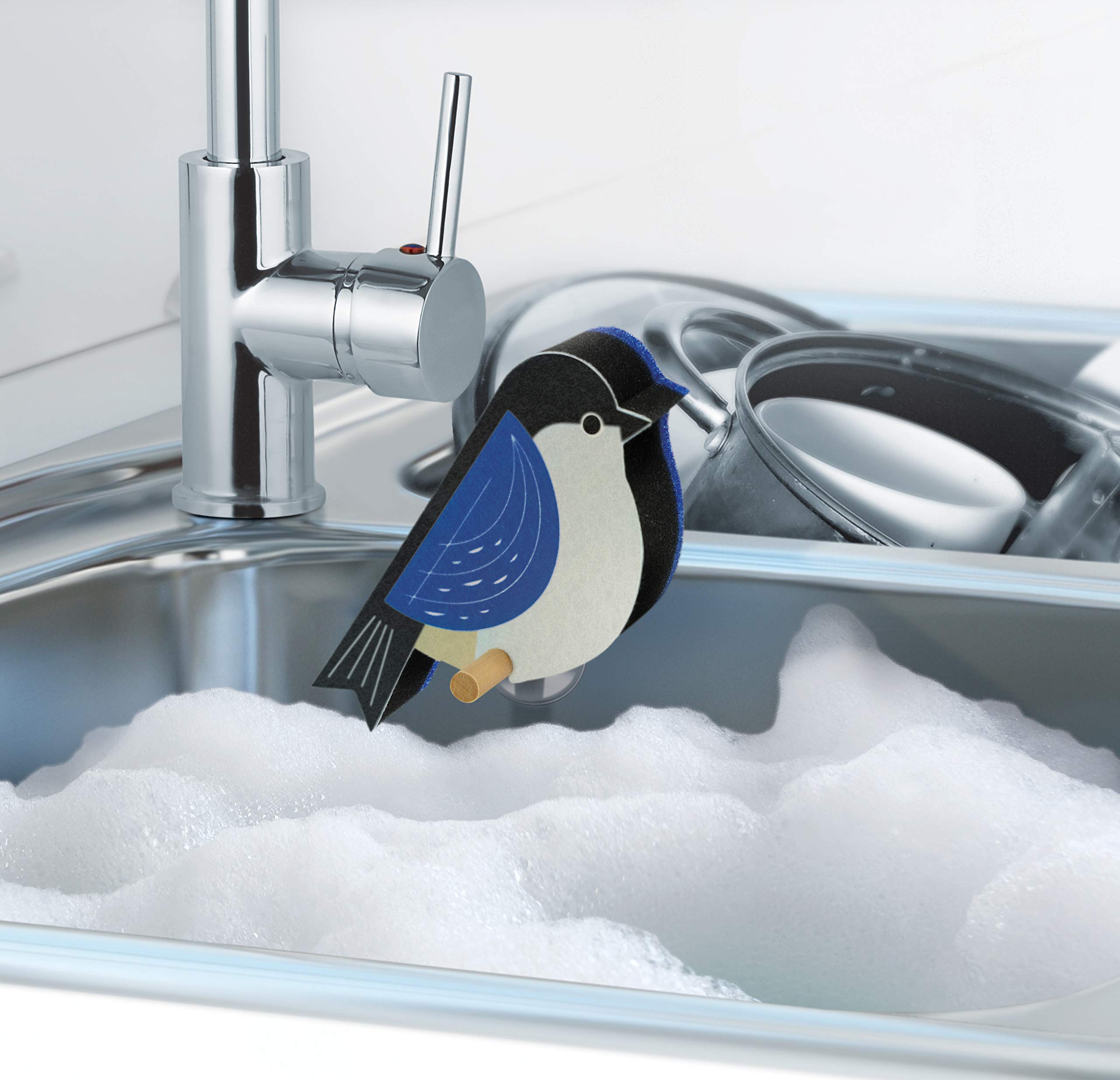Genuine Fred Perched Bird Sponges Set of 4 - Non-Scratch Multi-Layer Sponges with Suction Cup Wooden Perch for Safe Dishwashing | Modern Kitchen Cleaning Sponges for Pots, Pans & Cookware
