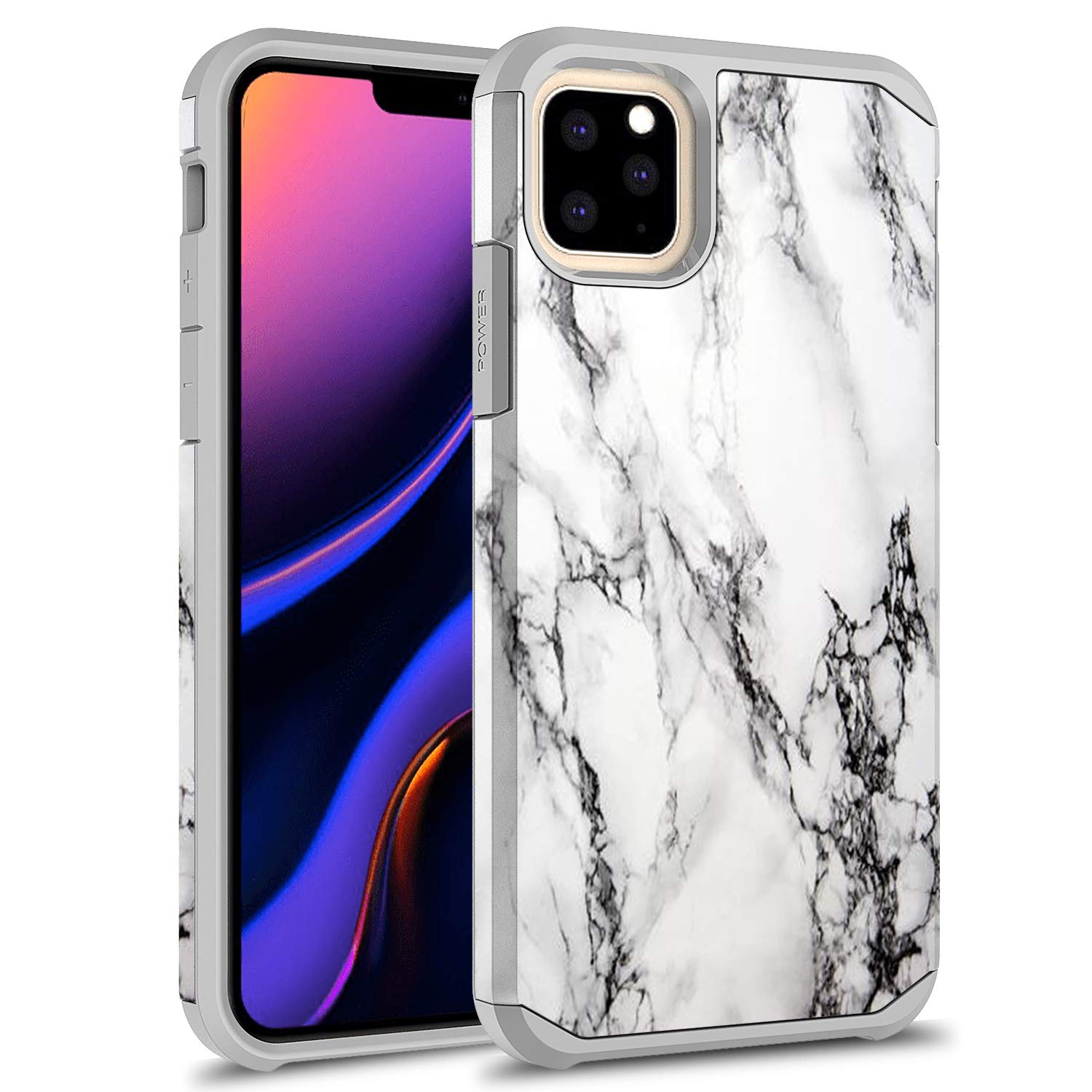 Rosebono iPhone 11 Pro Max Case - Slim Shockproof Hybrid Dual Layer Hard Cover with Cute Colorful Silicone Skin | Fashion White Marble Design | Perfect for Everyday Protection & Style