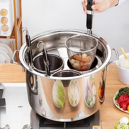 RSBFER 3/4/5 Hole Commercial Stainless Steel Pasta Cooker Pot with Divider & Colander Strainer Insert Set - Heavy Duty Stockpot for Home Kitchen & Restaurant Use (5 Hole) - Perfect for Cooking Pasta, Soup, Stew & Large Batch Meals