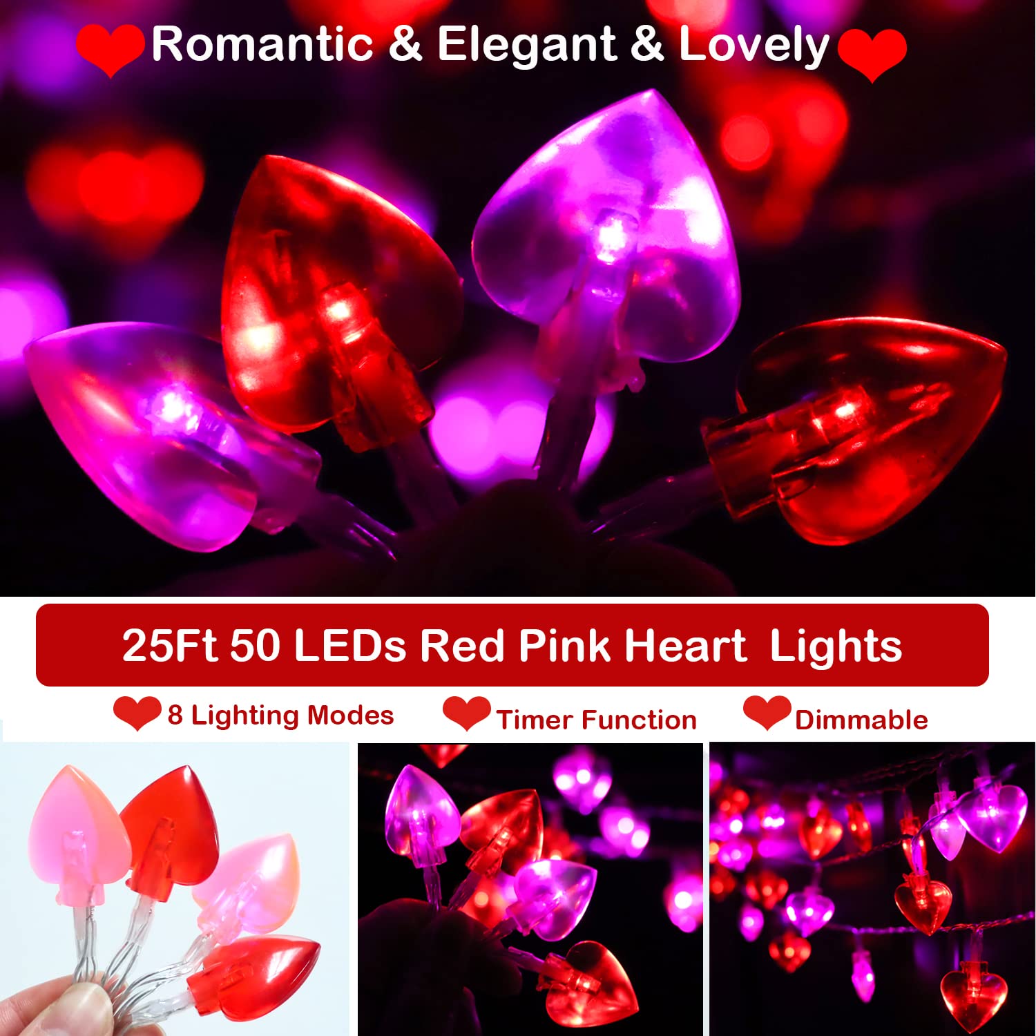 50 LED Red and Pink Valentine's Day Lights with Timer & 8 Modes - Battery Operated Heart String Lights for Romantic Decor - Perfect for Valentine's Day, Weddings, Anniversaries, Mother's Day & Home Decoration