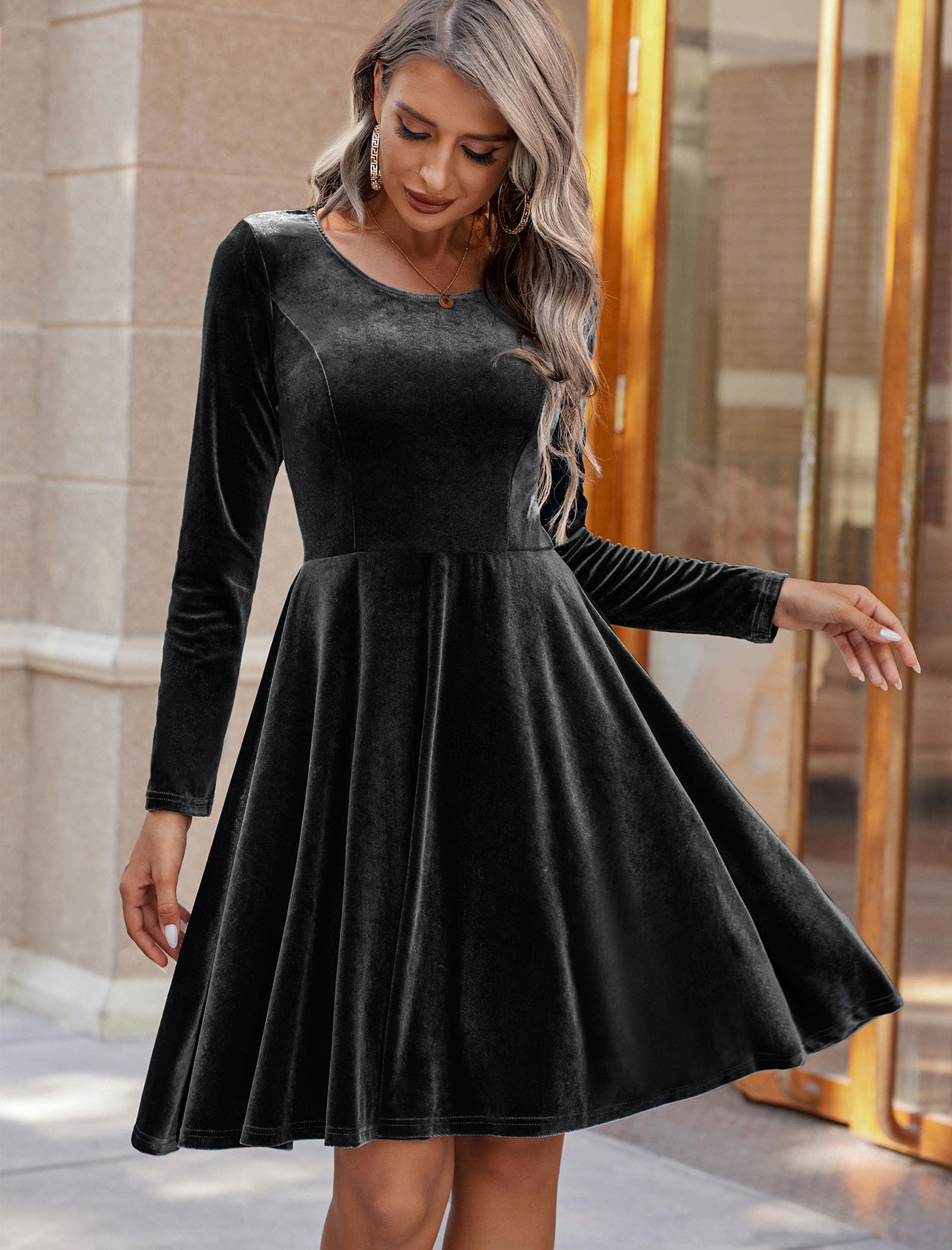 Elegant Women's Velvet Long Sleeve Cocktail Dress - Christmas Party, Club Wear, Wedding Guest Outfit | Flare Swing Mini Prom Dress for Special Occasions & Evening Events