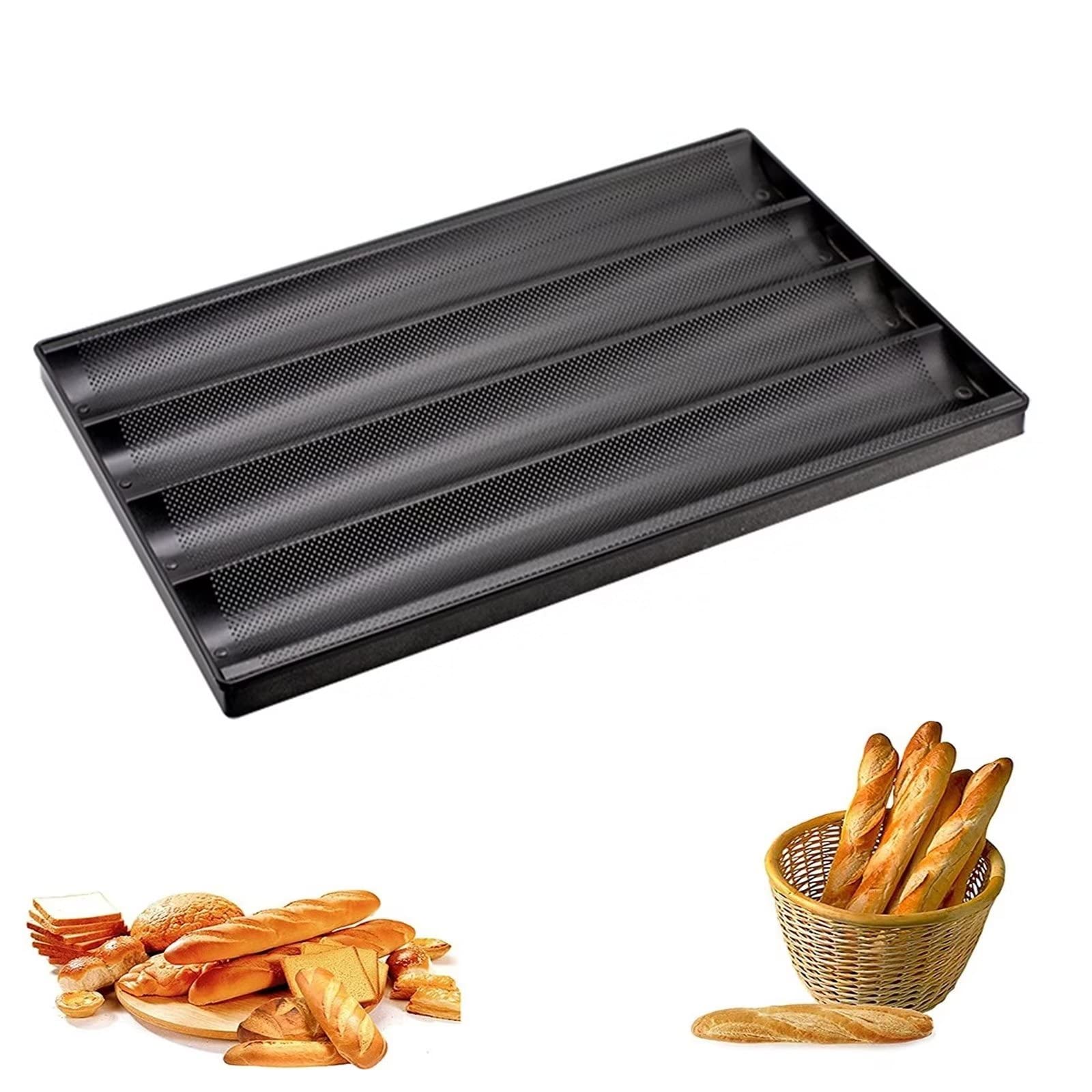 Nonstick Perforated French Baguette Pan - 4 Slot Bread Baking Tray for Oven, Toast & Homemade Bread (23.6