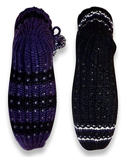 Women's Non-Slip Crochet Knitted Slipper Socks with Pom Poms - Cozy House Shoes for Winter, 2-Pack - Perfect for Indoor, Lounge, and Gift Giving