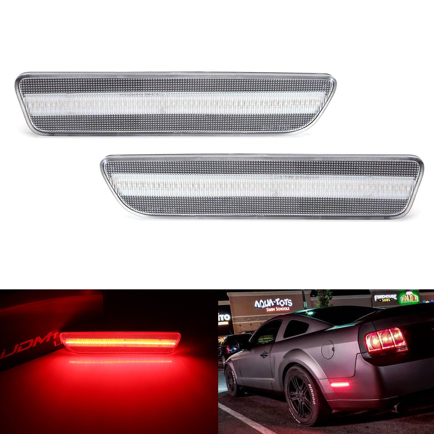 2005-2009 Ford Mustang Clear Lens LED Rear Side Markers with 54 Red LED Lights - Enhanced Visibility & Style for Night Driving & Car Shows