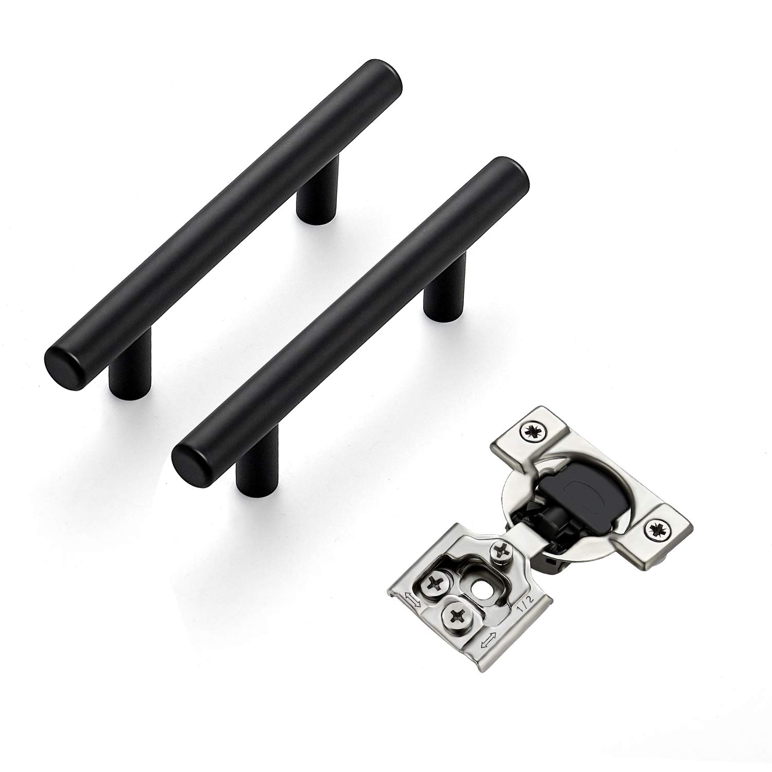 25 Pack 5 Inch Matte Black Cabinet Pulls & 50 Pack 1/2 Inch Overlay Soft Close Hinges - Premium Kitchen Cabinet Hardware Set for Modern Home Renovation, DIY Projects and Furniture Upgrades