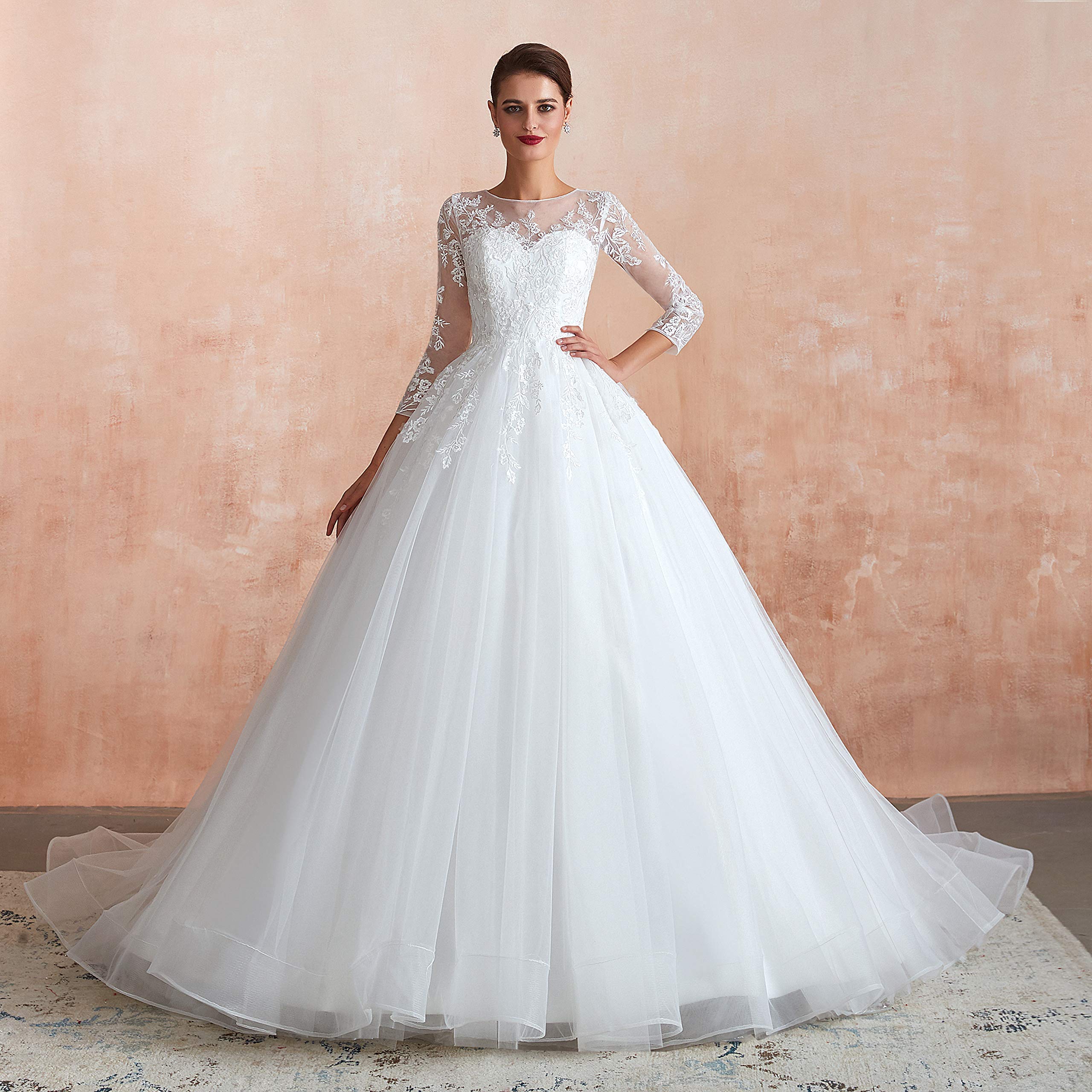 Elegant Women's Long Sleeve A-Line Applique Tulle Wedding Ball Gown - Perfect for Bridal Ceremony, Formal Events & Evening Galas
