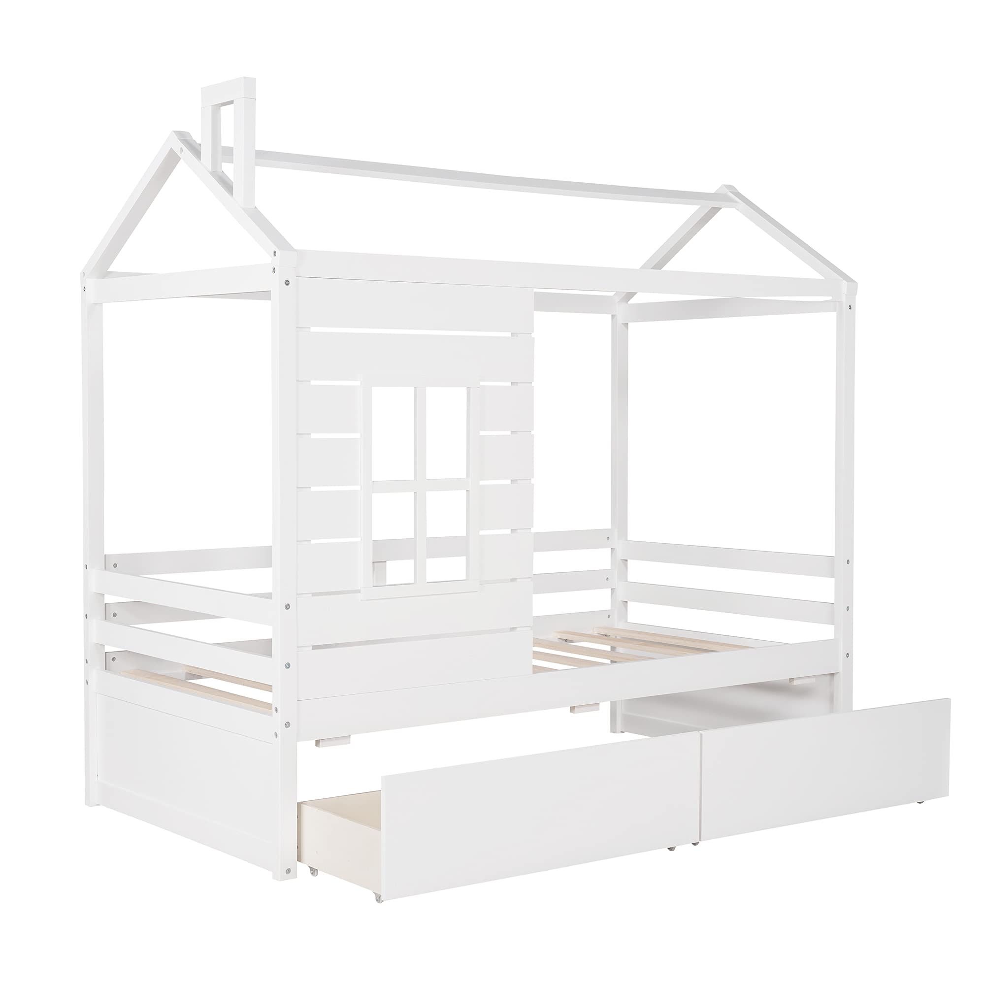 Quarte House Low Daybed for Kids - Twin Size Wood Floor Bed Frame with 2 Drawers & Window - No Box Spring Needed - White Modern Tent Bed for Bedroom | Perfect for Small Spaces, Kids' Rooms & Montessori Style Homes