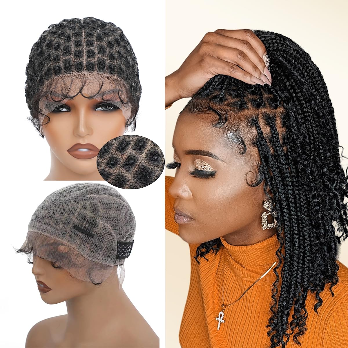 Double Full Lace Crochet Wig Caps with Natural Knots & Baby Hair - Breathable Lace Braided Cap for Crochet Braids - Glueless Hair Net with Bangs (125 Knots) - Perfect for Wig Making, Protective Styling & Everyday Wear